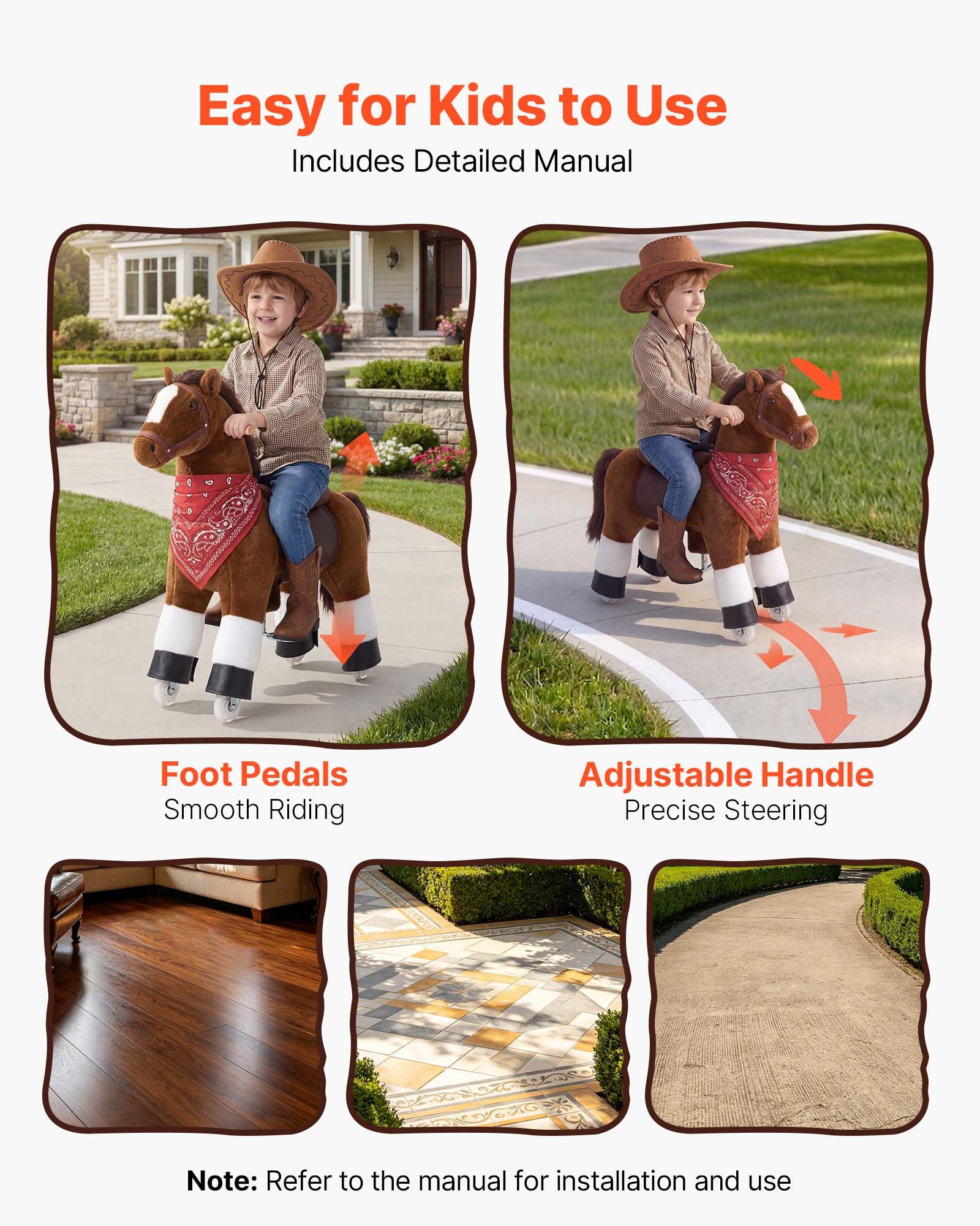 VEVOR Caballo de Juguete para Niños, Pony de Montar con Ruedas, Pedales, Caballito Infantil con Asiento Elevado, Estructura de Metal, Uso Interior y Exterior, Carga hasta 50 kg, Niños Niñas 3 a 8 Años