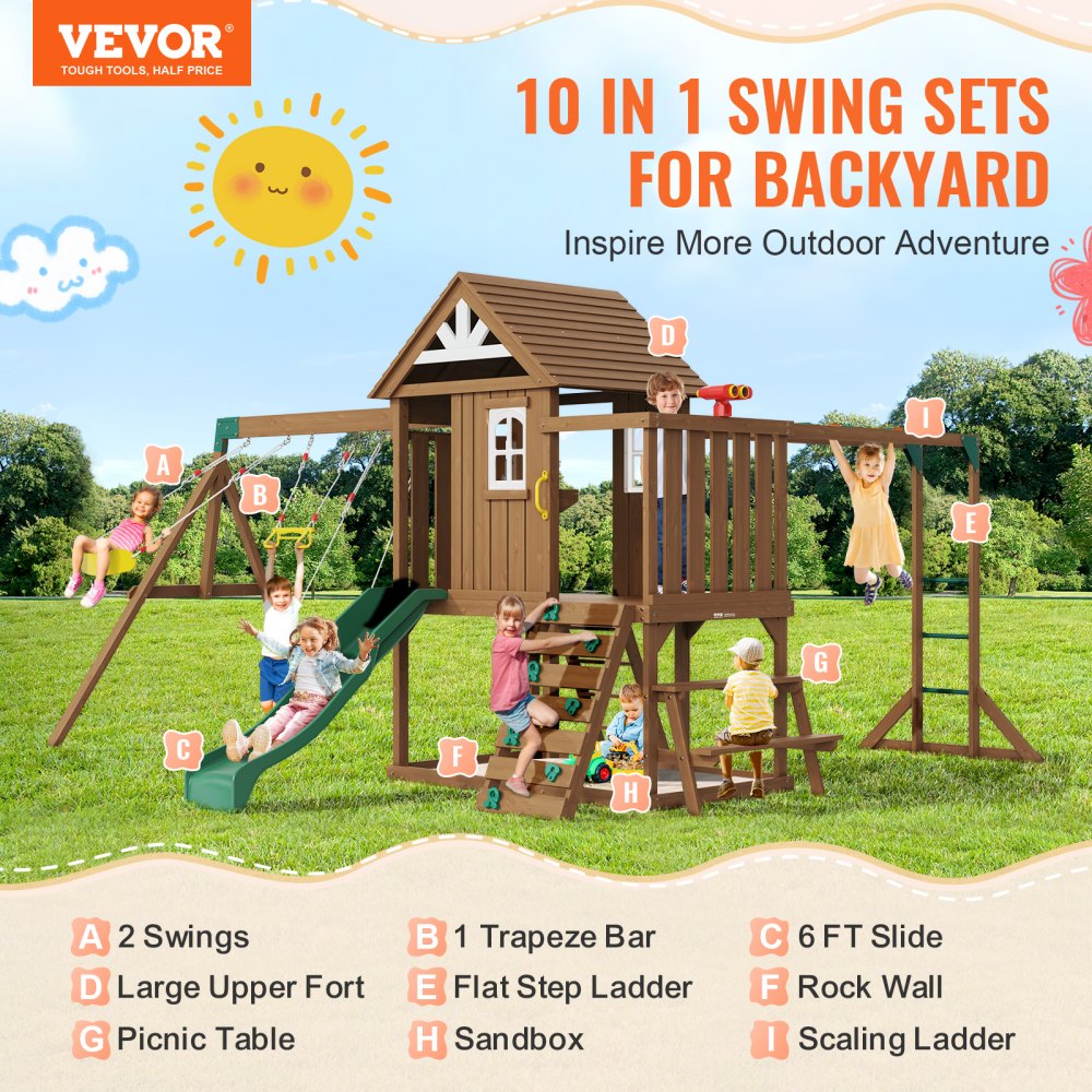 VEVOR Parque Infantil de Madera con 2 Columpios Juego de Columpios con Tobogán, Barra Trapecio, Superior Grande con Juguetes de Cocina, Escalera Plana, Rocódromo, Mesa, Arenero, Juegos al Aire Libre