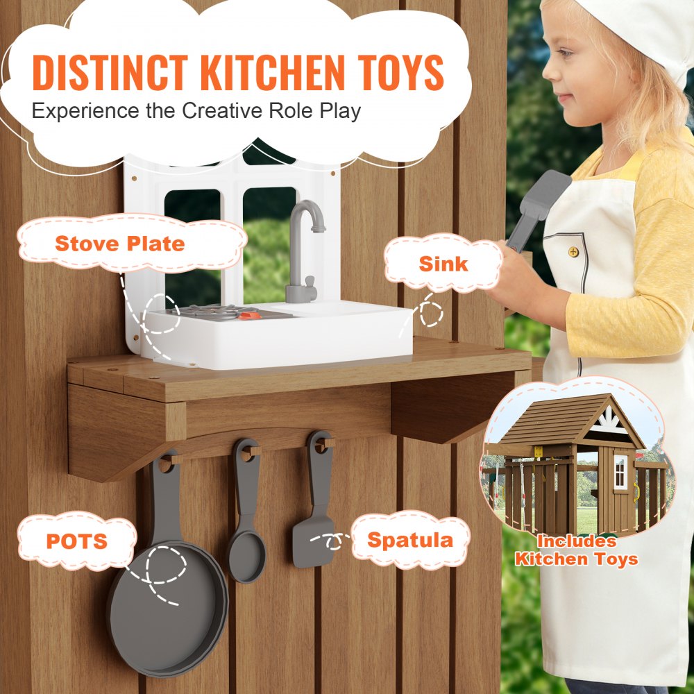 VEVOR Parque Infantil de Madera con 2 Columpios Juego de Columpios con Tobogán, Barra Trapecio, Superior Grande con Juguetes de Cocina, Escalera Plana, Rocódromo, Mesa, Arenero, Juegos al Aire Libre