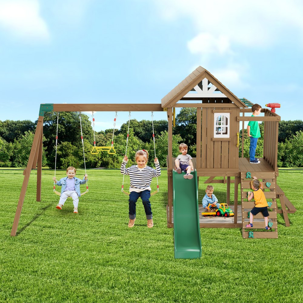 VEVOR Parque Infantil de Madera con 2 Columpios Juego de Columpios con Tobogán, Barra Trapecio, Superior Grande con Juguetes de Cocina, Escalera Plana, Rocódromo, Mesa, Arenero, Juegos al Aire Libre