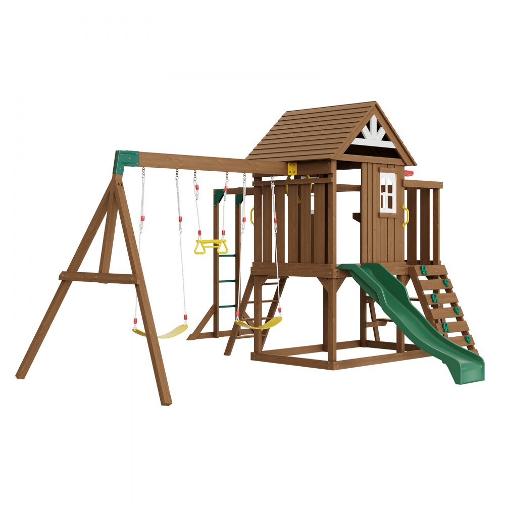 VEVOR Parque Infantil de Madera con 2 Columpios Juego de Columpios con Tobogán, Barra Trapecio, Superior Grande con Juguetes de Cocina, Escalera Plana, Rocódromo, Mesa, Arenero, Juegos al Aire Libre