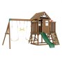 VEVOR Parque Infantil de Madera con 2 Columpios Juego de Columpios con Tobogán, Barra Trapecio, Superior Grande con Juguetes de Cocina, Escalera Plana, Rocódromo, Mesa, Arenero, Juegos al Aire Libre
