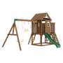 VEVOR Parque Infantil de Madera con 2 Columpios Juego de Columpios con Tobogán, Barra Trapecio, Superior Grande con Juguetes de Cocina, Escalera Plana, Mesa de Pícnic, Juegos al Aire Libre
