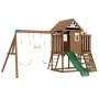VEVOR Parque Infantil de Madera con 2 Columpios Juego de Columpios con Tobogán, Barra Trapecio, Superior Grande con Juguetes de Cocina, Escalera Plana, Mesa de Pícnic, Juegos al Aire Libre