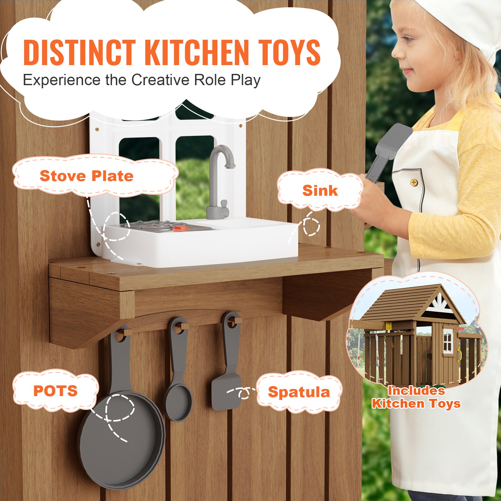 VEVOR Parque Infantil de Madera con 2 Columpios Juego de Columpios con Tobogán, Barra Trapecio, Superior Grande con Juguetes de Cocina, Escalera Plana, Mesa de Pícnic, Juegos al Aire Libre