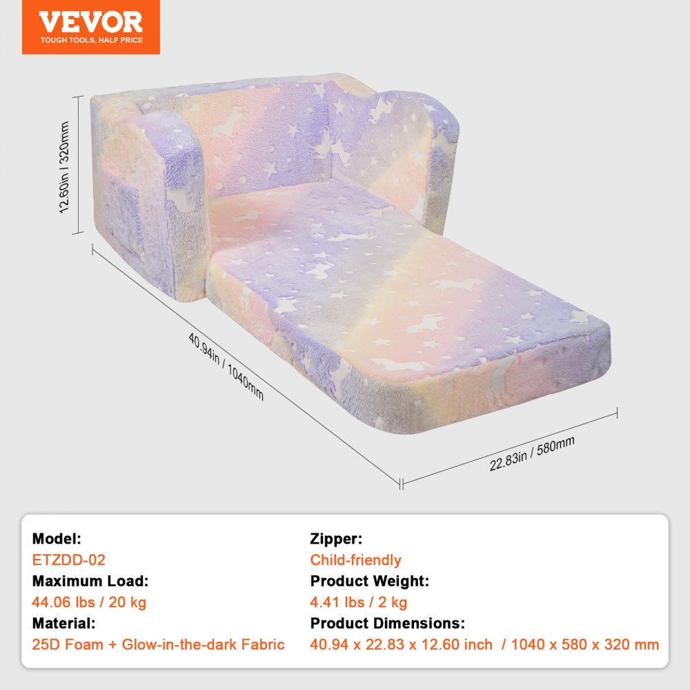 VEVOR Silla de Bebé Plegable 2 en 1 que Brilla en la Oscuridad, Sofá Cama Plegable para Niños Pequeños, Cómodo Sofá Tumbona para Bebé, Asiento Convertible para Niños, Arcoíris, 1040 x 580 x 320 mm