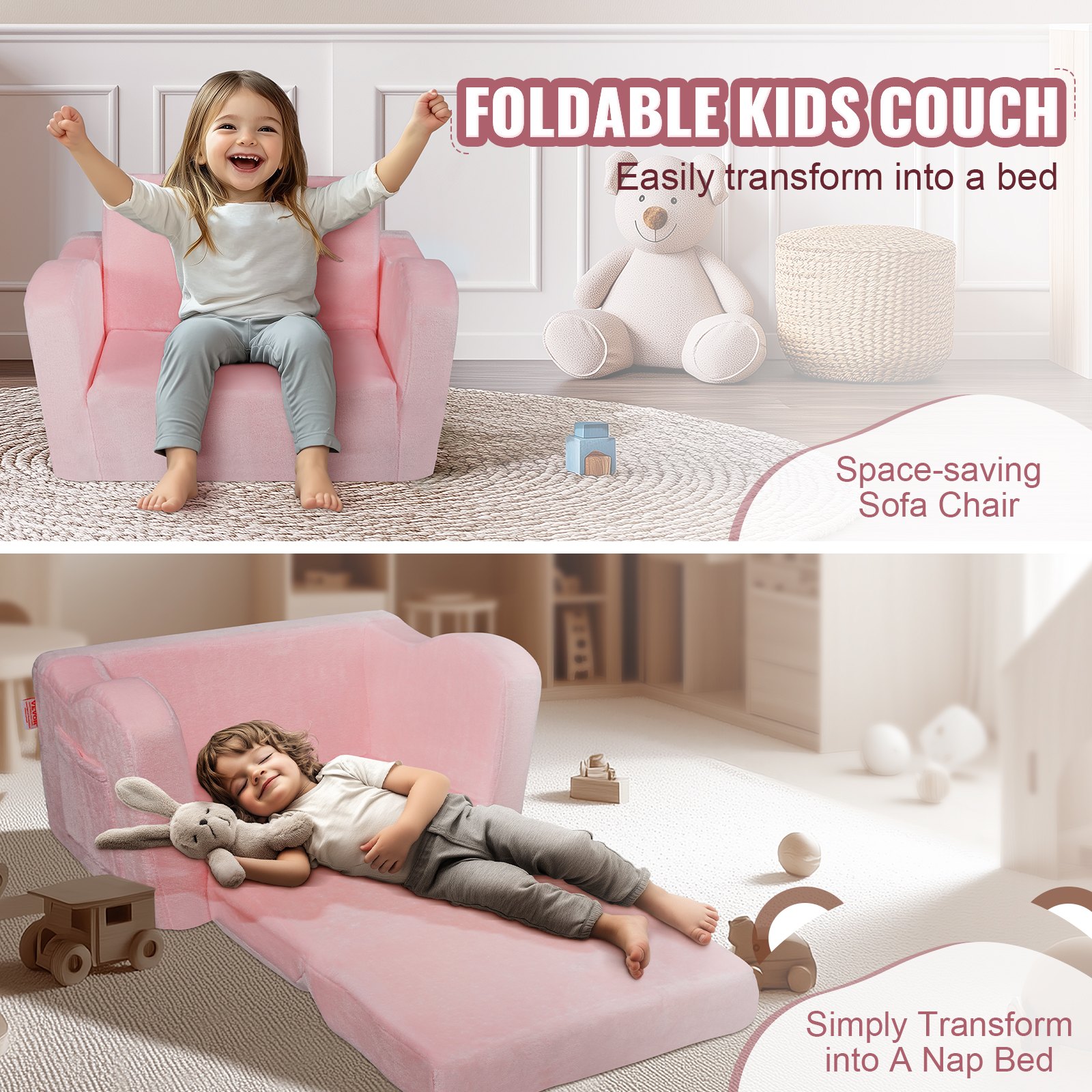 VEVOR Silla de Bebé Plegable 2 en 1, Sofá Cama para Niños Pequeños, Sofá de Espuma Suave y Cómodo, Tumbona Convertible para Bebés, Asiento de Silla para Niños, Rosa, 1040 x 580 x 320 mm, Carga 20 kg