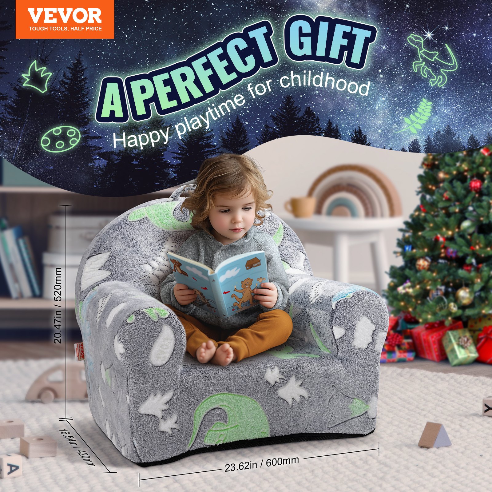 VEVOR Sofá Infantil que Brilla en la Oscuridad de 600 x 420 x 520 mm, Gris