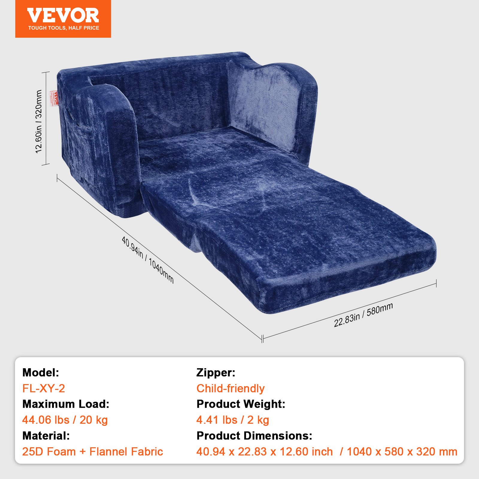VEVOR Silla de Bebé Plegable 2 en 1, Sofá Cama para Niños Pequeños, Sofá de Espuma Suave y Cómodo, Tumbona Convertible para Bebés, Asiento de Silla para Niños, Azul, 1040 x 580 x 320 mm, Carga 20 kg