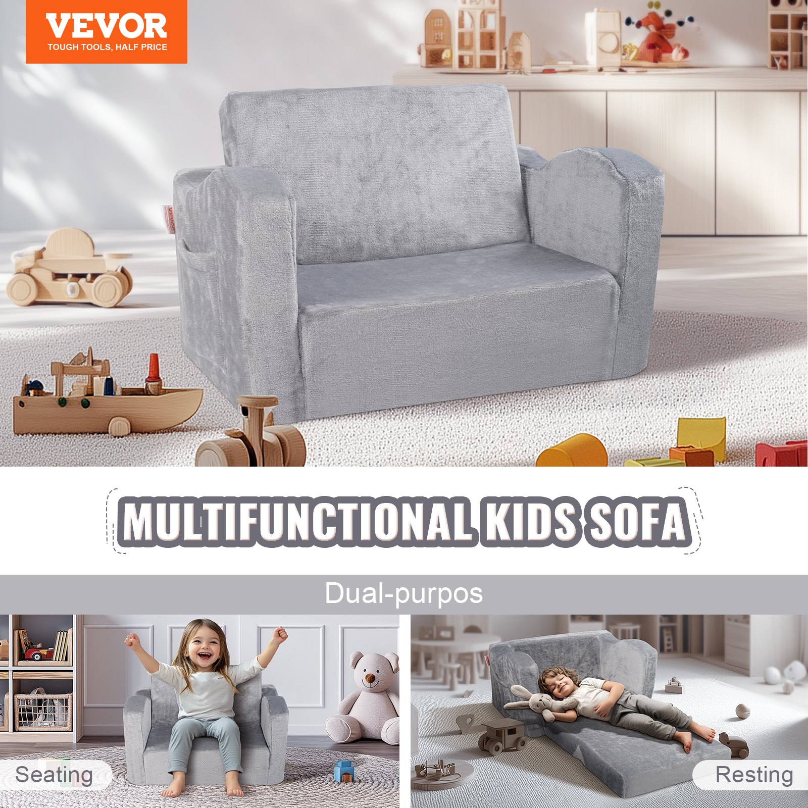 VEVOR Silla de Bebé Plegable 2 en 1, Sofá Cama para Niños Pequeños, Sofá de Espuma Suave y Cómodo, Tumbona Convertible para Bebés, Asiento de Silla para Niños, Gris, 1040 x 580 x 320 mm, Carga 20kg