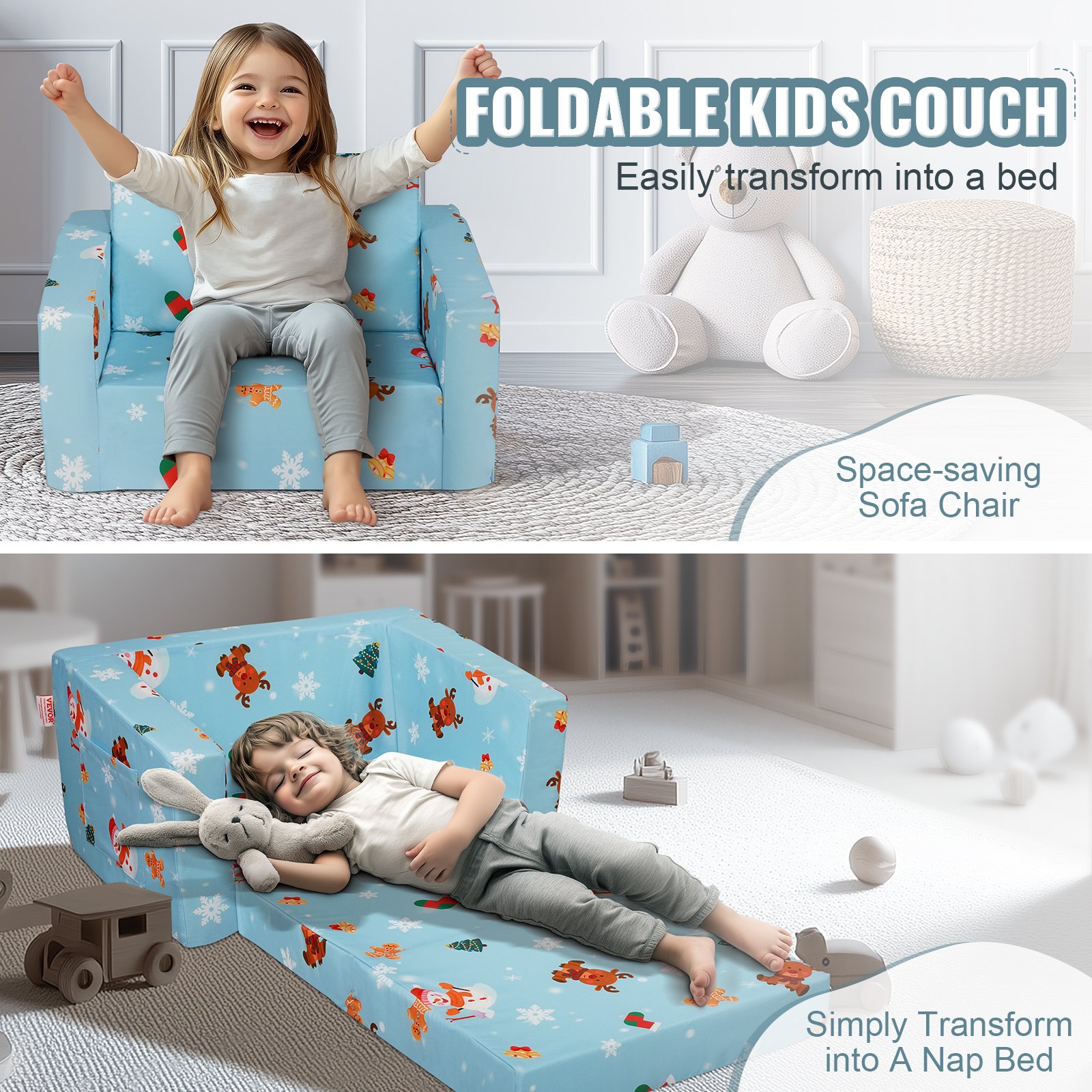 VEVOR Silla de Bebé Plegable 2 en 1, Sofá Cama para Niños Pequeños, Sofá de Espuma Suave y Cómodo, Tumbona Convertible para Bebé, Asiento de Silla con Dibujos Animados, Rosa, 1040 x 580 x 320 mm