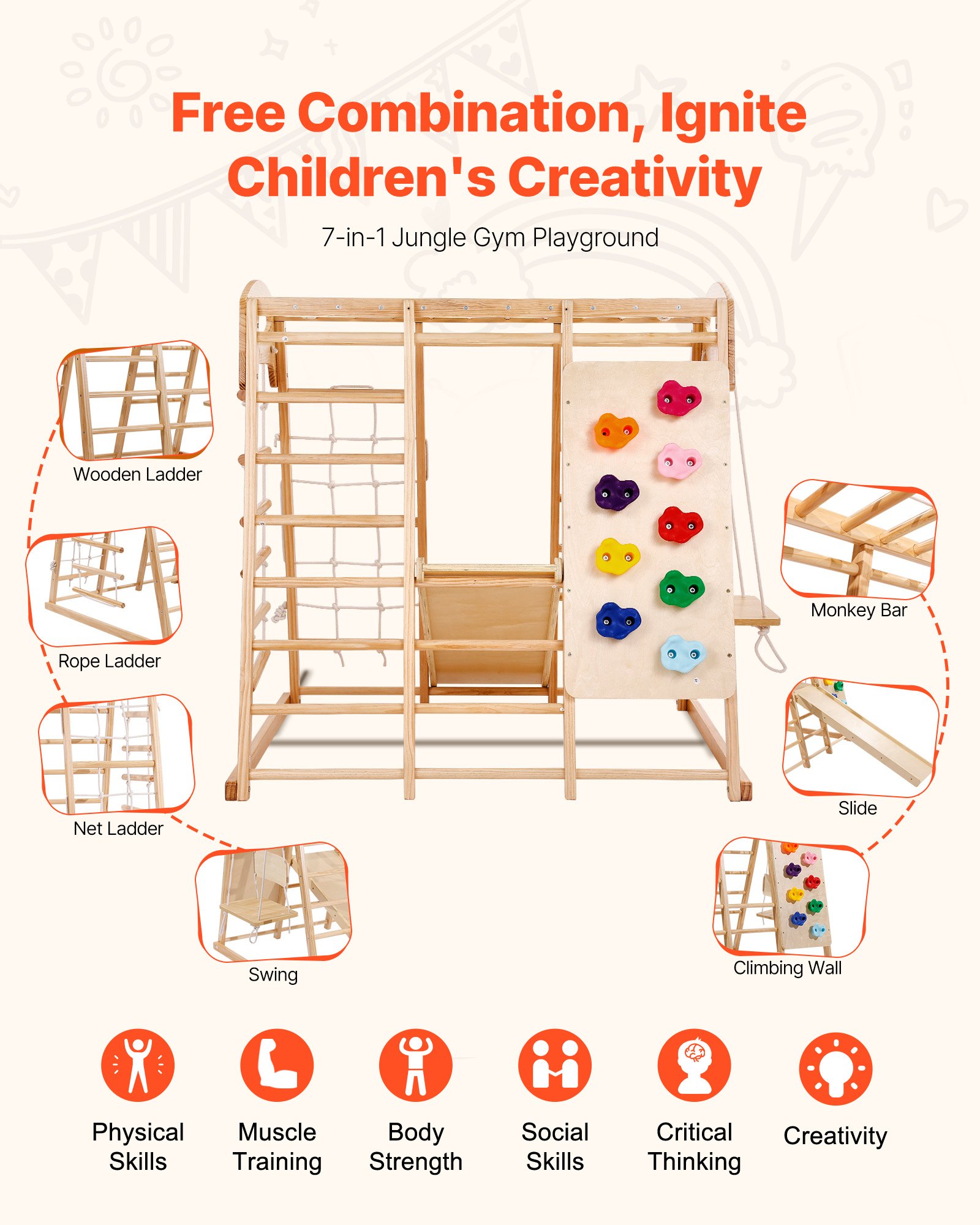 VEVOR Parque Infantil 7 en 1 para Niños Pequeños, Madera de Pino y Plástico, 120 x 109 x 121 cm, con Escalera de Madera y la de Red, Cuerda, Columpio, Estructura de Escalada, Tobogán, Carga 136 kg