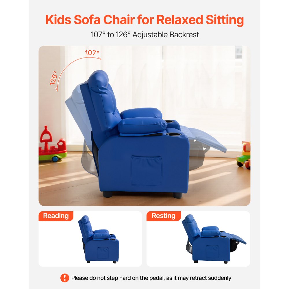 VEVOR Sillón Relax Reclinable para Niños, Sofá Infantil, Respaldo Ajustable de 107° a 126°, con 2 Portavasos 4 Bolsillos y Reposapiés, de Cuero Sintético, Butaca para Salón Lectura Siesta, Color Azul