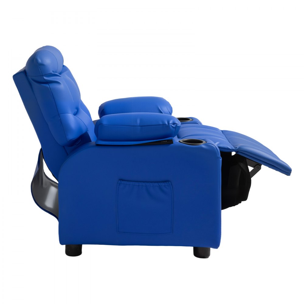 VEVOR Sillón Relax Reclinable para Niños, Sofá Infantil, Respaldo Ajustable de 107° a 126°, con 2 Portavasos 4 Bolsillos y Reposapiés, de Cuero Sintético, Butaca para Salón Lectura Siesta, Color Azul