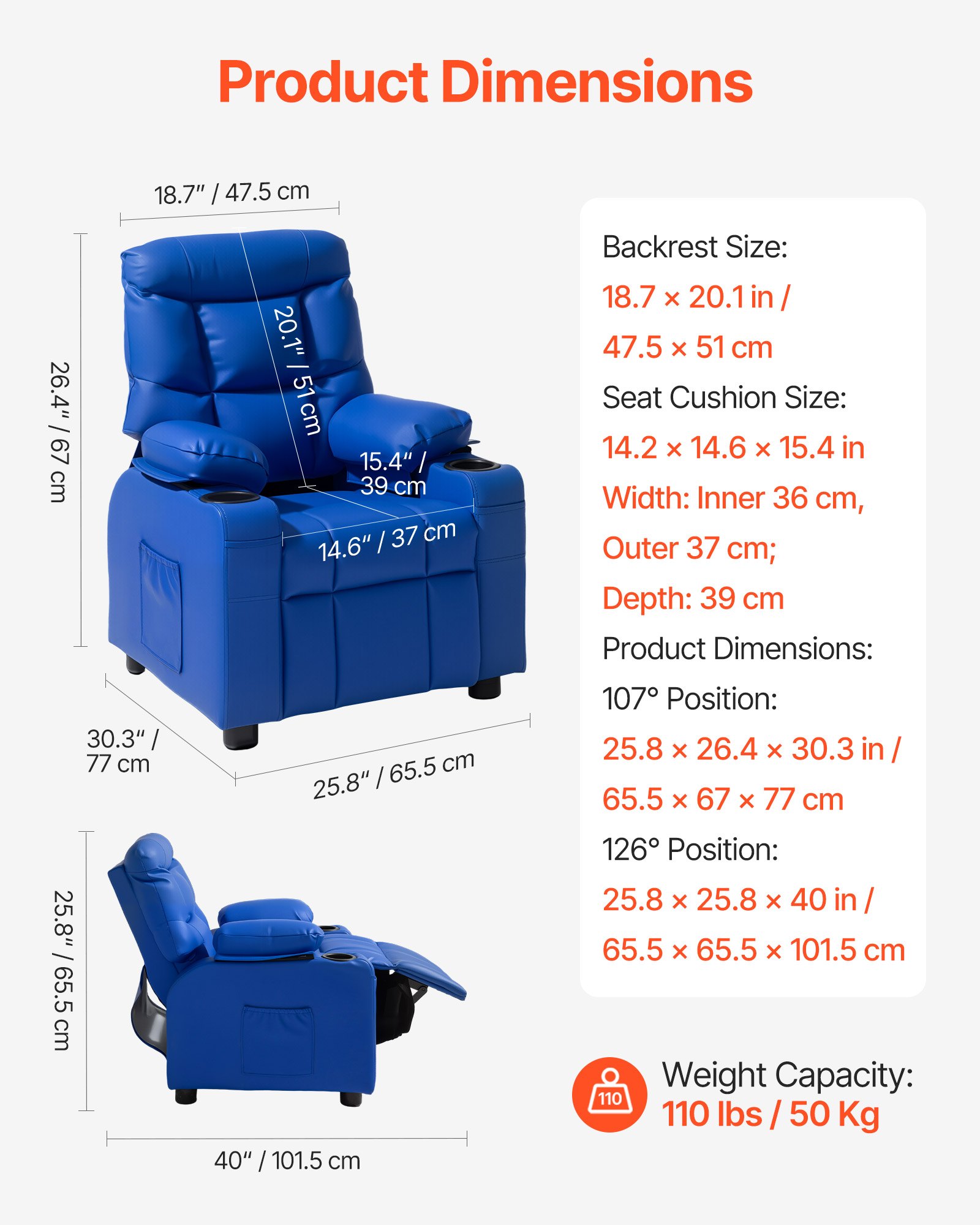 VEVOR Sillón Relax Reclinable para Niños, Sofá Infantil, Respaldo Ajustable de 107° a 126°, con 2 Portavasos 4 Bolsillos y Reposapiés, de Cuero Sintético, Butaca para Salón Lectura Siesta, Color Azul