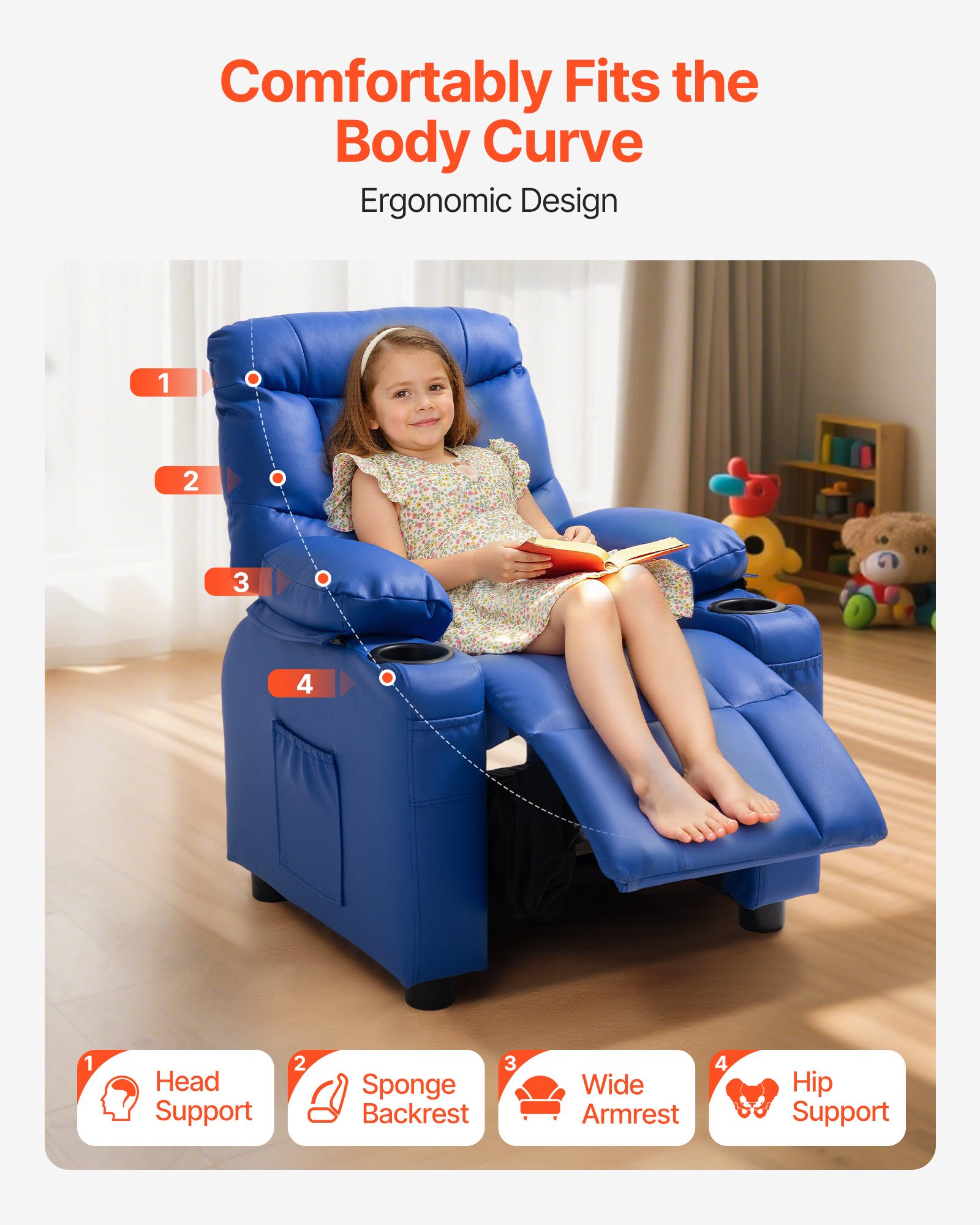 VEVOR Sillón Relax Reclinable para Niños, Sofá Infantil, Respaldo Ajustable de 107° a 126°, con 2 Portavasos 4 Bolsillos y Reposapiés, de Cuero Sintético, Butaca para Salón Lectura Siesta, Color Azul