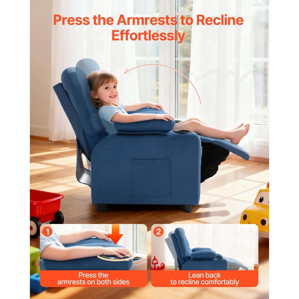 VEVOR Sillón Relax Reclinable para Niños Sofá Infantil Tapizado Color Azul, con Reposapiés, Portavasos y Bolsillos de Almacenamiento, Respaldo Ajustable de 107°-126°, Tela Transpirable de Poliéster