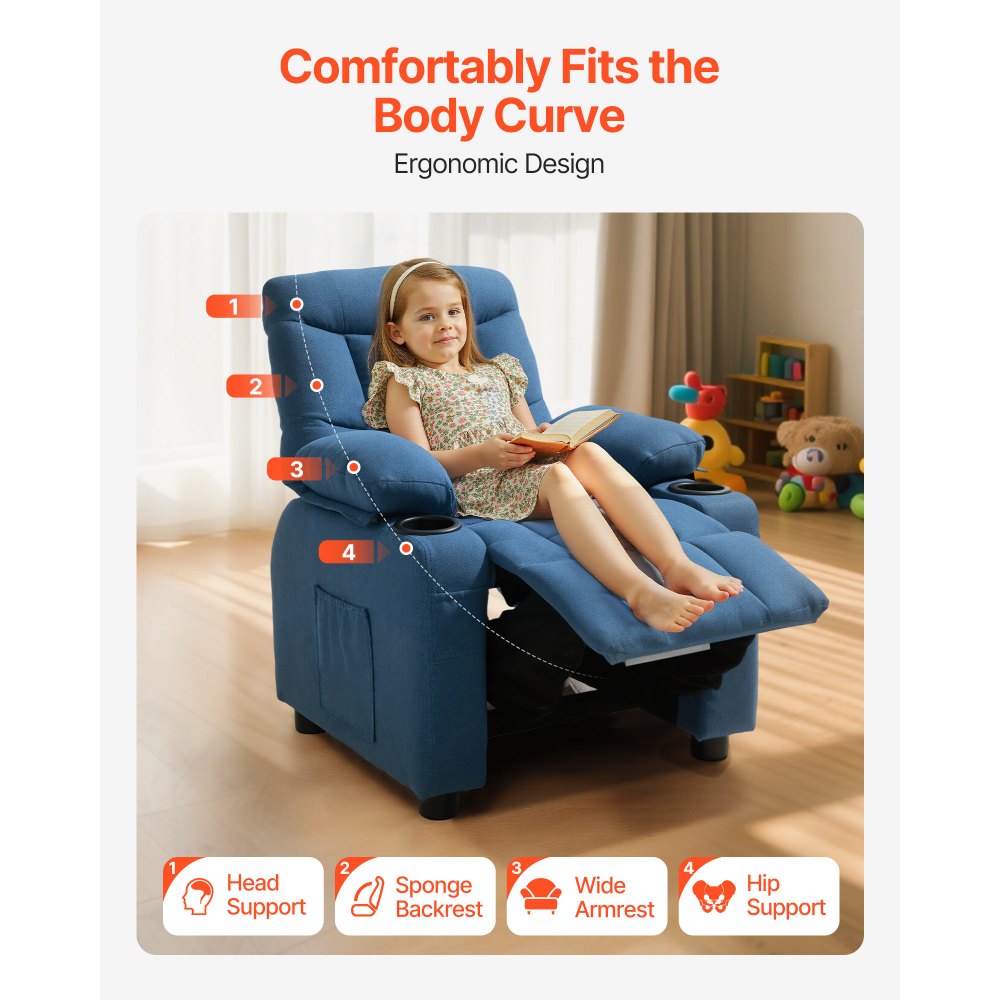 VEVOR Sillón Relax Reclinable para Niños Sofá Infantil Tapizado Color Azul, con Reposapiés, Portavasos y Bolsillos de Almacenamiento, Respaldo Ajustable de 107°-126°, Tela Transpirable de Poliéster