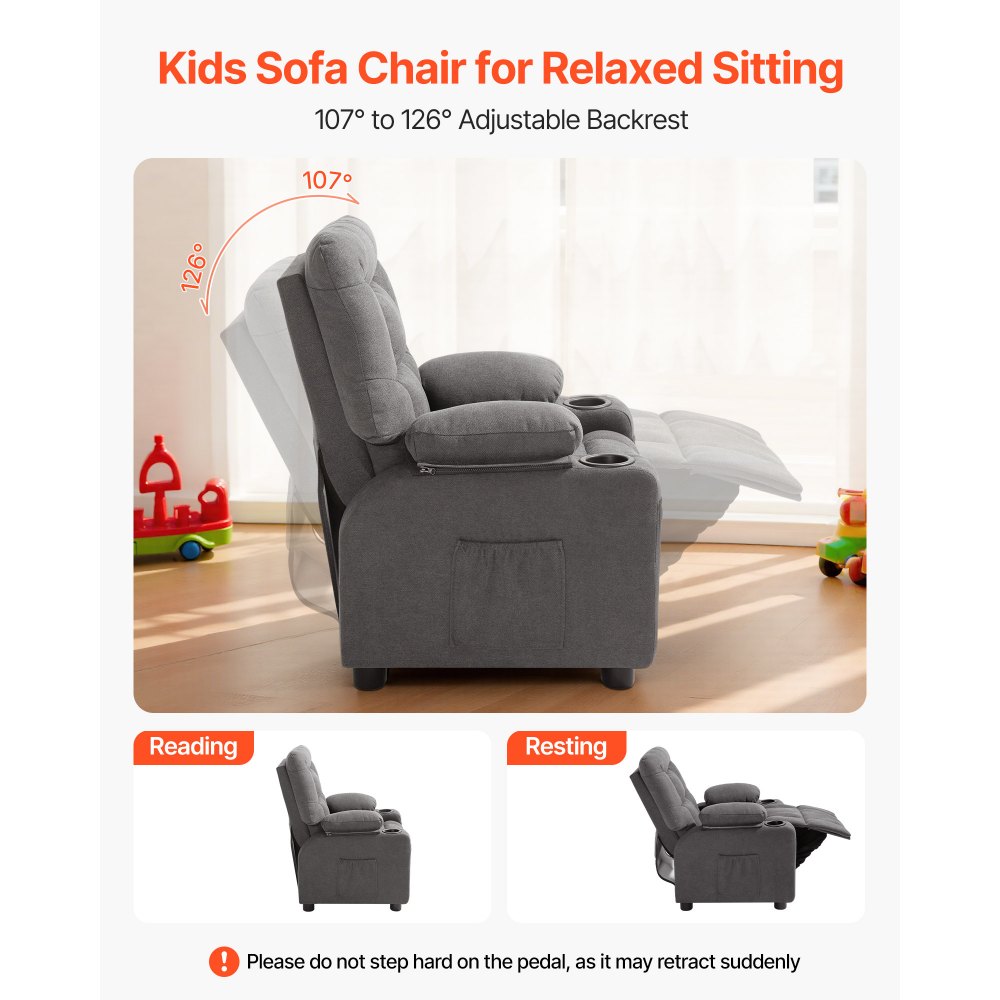 VEVOR Sillón Relax Reclinable para Niños, Sofá Infantil, Reposapiés y Respaldo Ajustable de 107° a 126°, 2 Portavasos y 4 Bolsillos para Almacenamiento, Butaca para Salón Lectura Siesta, Color Gris