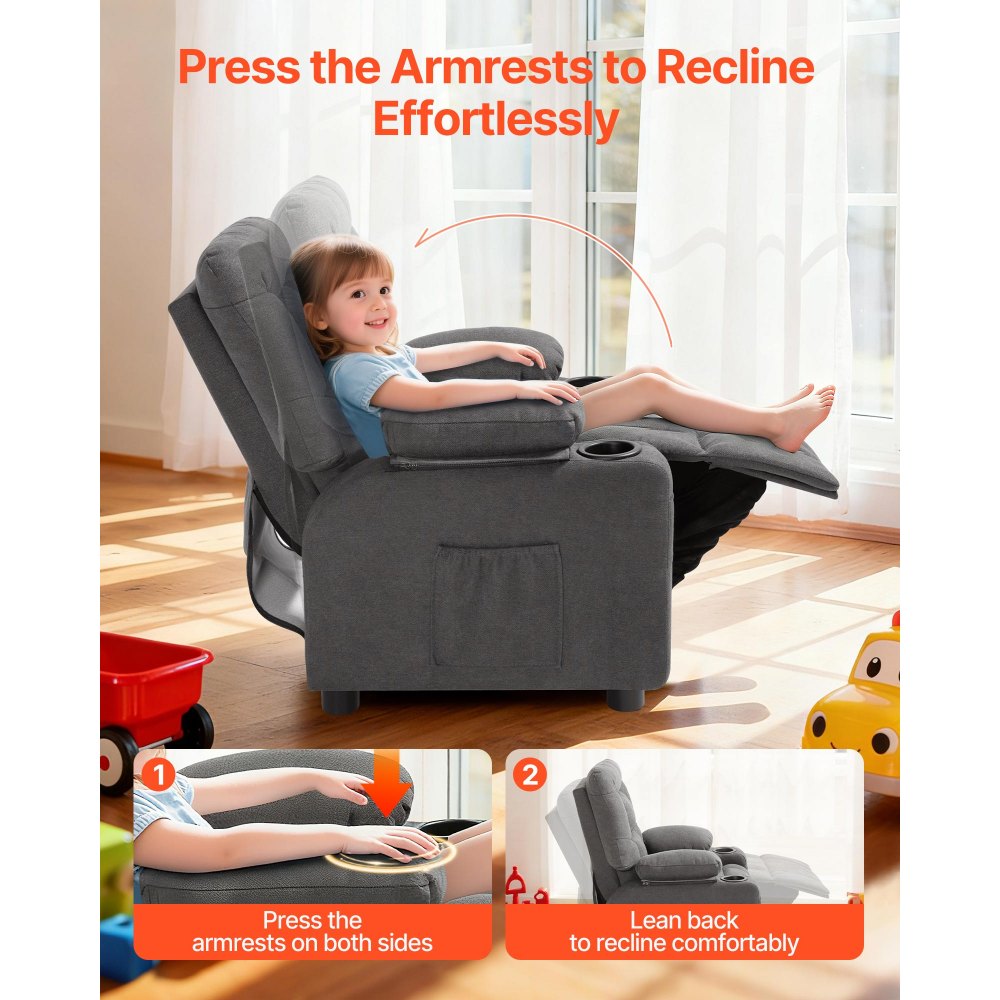 VEVOR Sillón Relax Reclinable para Niños, Sofá Infantil, Reposapiés y Respaldo Ajustable de 107° a 126°, 2 Portavasos y 4 Bolsillos para Almacenamiento, Butaca para Salón Lectura Siesta, Color Gris