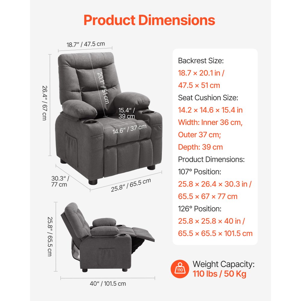 VEVOR Sillón Relax Reclinable para Niños, Sofá Infantil, Reposapiés y Respaldo Ajustable de 107° a 126°, 2 Portavasos y 4 Bolsillos para Almacenamiento, Butaca para Salón Lectura Siesta, Color Gris