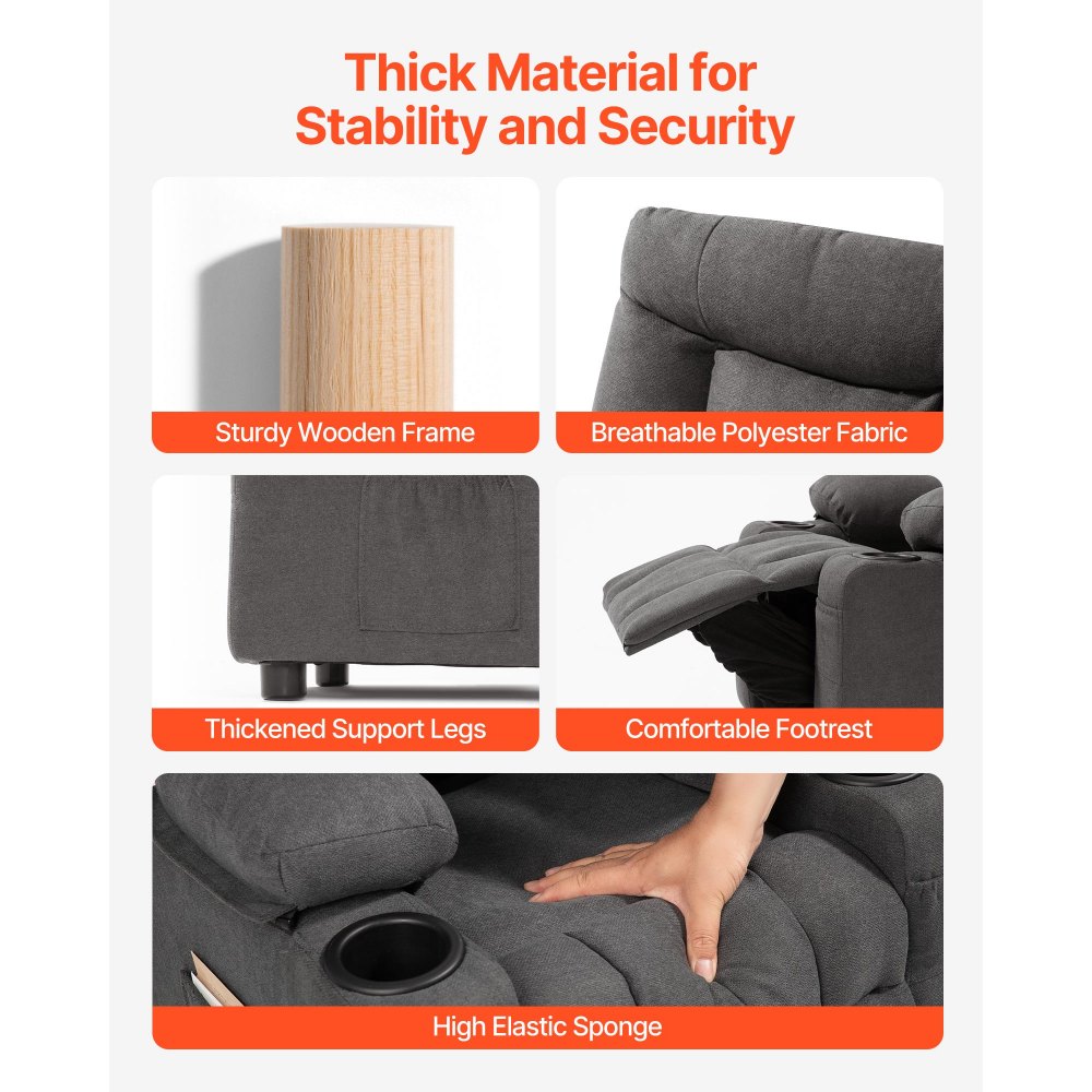 VEVOR Sillón Relax Reclinable para Niños, Sofá Infantil, Reposapiés y Respaldo Ajustable de 107° a 126°, 2 Portavasos y 4 Bolsillos para Almacenamiento, Butaca para Salón Lectura Siesta, Color Gris