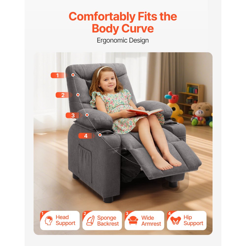 VEVOR Sillón Relax Reclinable para Niños, Sofá Infantil, Reposapiés y Respaldo Ajustable de 107° a 126°, 2 Portavasos y 4 Bolsillos para Almacenamiento, Butaca para Salón Lectura Siesta, Color Gris