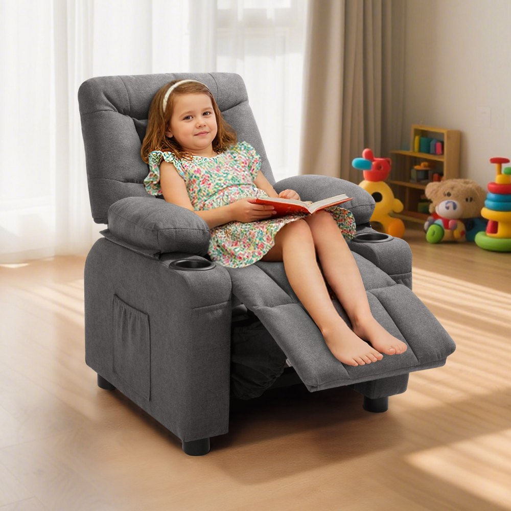 VEVOR Sillón Relax Reclinable para Niños, Sofá Infantil, Reposapiés y Respaldo Ajustable de 107° a 126°, 2 Portavasos y 4 Bolsillos para Almacenamiento, Butaca para Salón Lectura Siesta, Color Gris