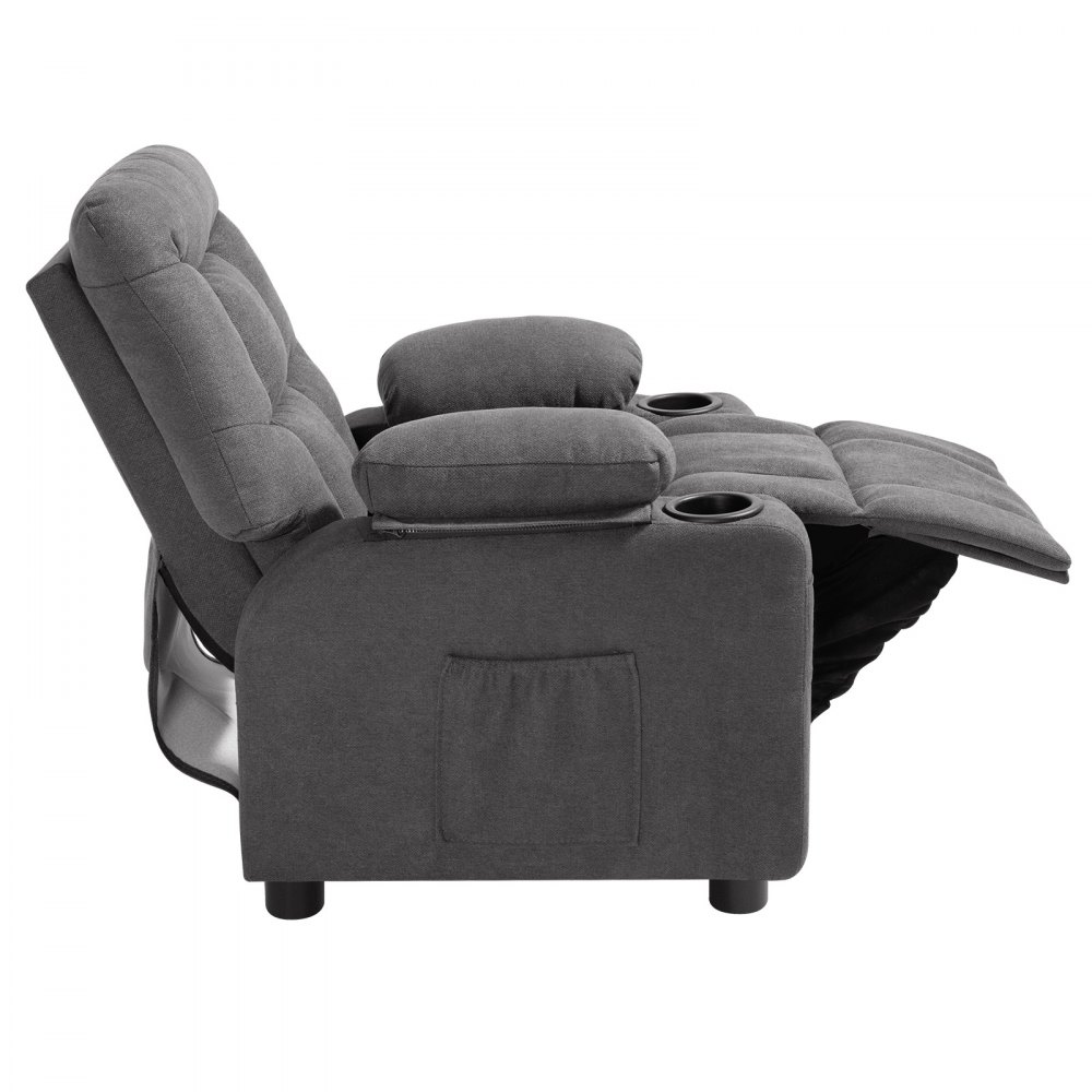 VEVOR Sillón Relax Reclinable para Niños, Sofá Infantil, Reposapiés y Respaldo Ajustable de 107° a 126°, 2 Portavasos y 4 Bolsillos para Almacenamiento, Butaca para Salón Lectura Siesta, Color Gris