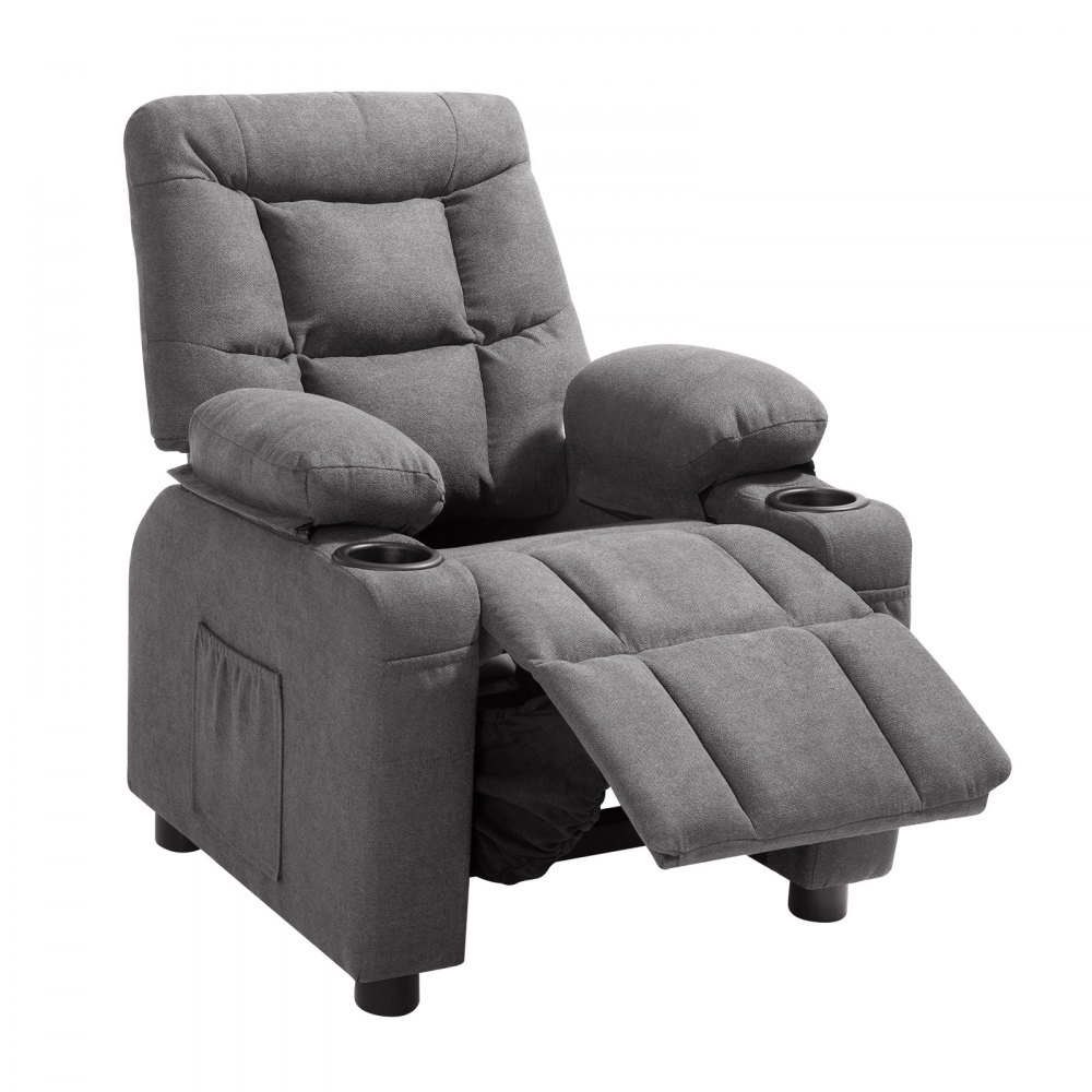 VEVOR Sillón Relax Reclinable para Niños, Sofá Infantil, Reposapiés y Respaldo Ajustable de 107° a 126°, 2 Portavasos y 4 Bolsillos para Almacenamiento, Butaca para Salón Lectura Siesta, Color Gris