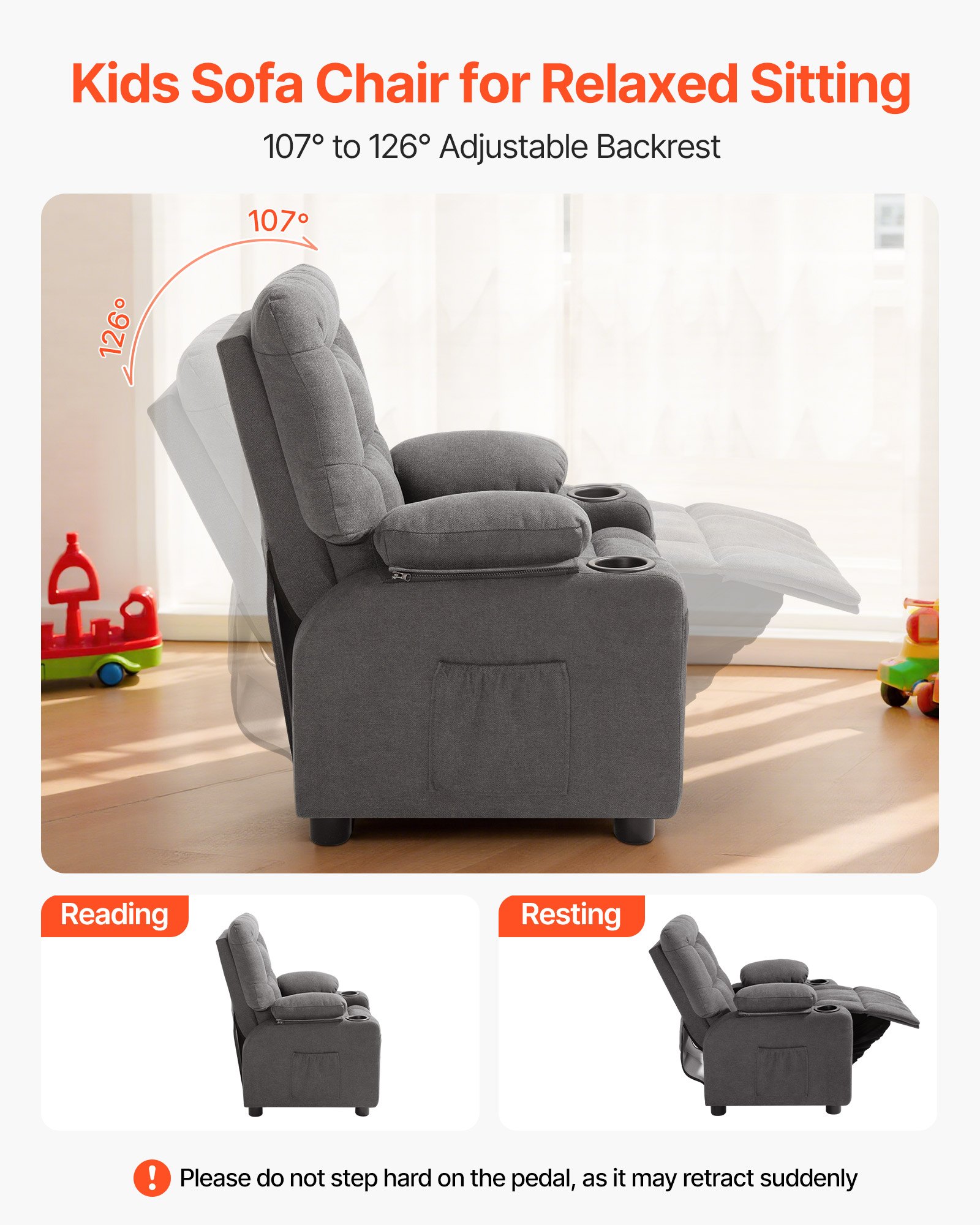 VEVOR Sillón Relax Reclinable para Niños, Sofá Infantil, Reposapiés y Respaldo Ajustable de 107° a 126°, 2 Portavasos y 4 Bolsillos para Almacenamiento, Butaca para Salón Lectura Siesta, Color Gris