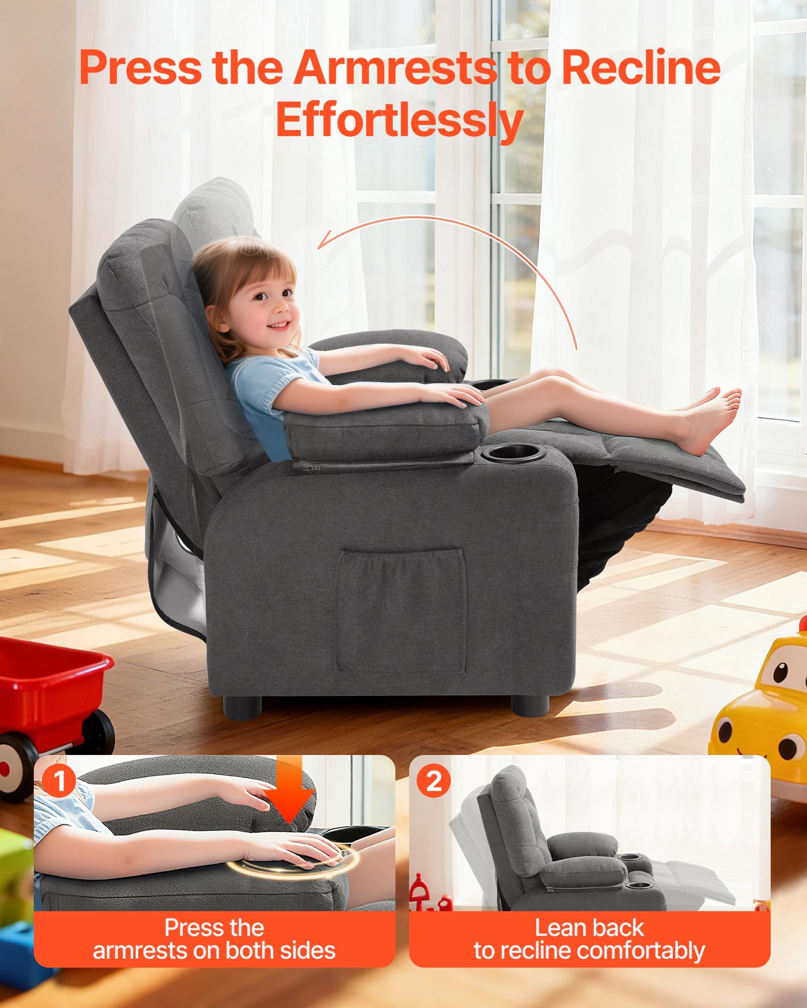 VEVOR Sillón Relax Reclinable para Niños, Sofá Infantil, Reposapiés y Respaldo Ajustable de 107° a 126°, 2 Portavasos y 4 Bolsillos para Almacenamiento, Butaca para Salón Lectura Siesta, Color Gris