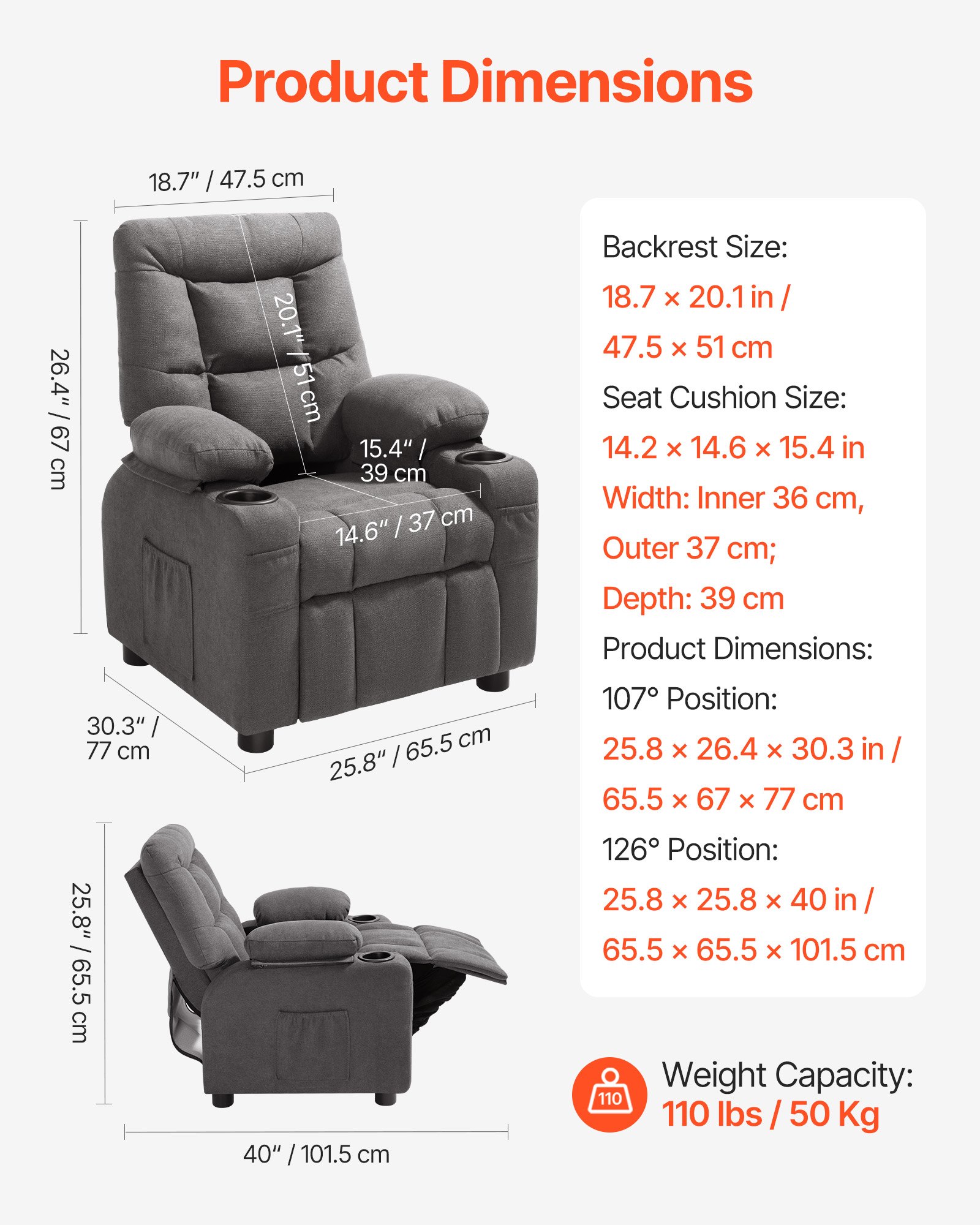VEVOR Sillón Relax Reclinable para Niños, Sofá Infantil, Reposapiés y Respaldo Ajustable de 107° a 126°, 2 Portavasos y 4 Bolsillos para Almacenamiento, Butaca para Salón Lectura Siesta, Color Gris