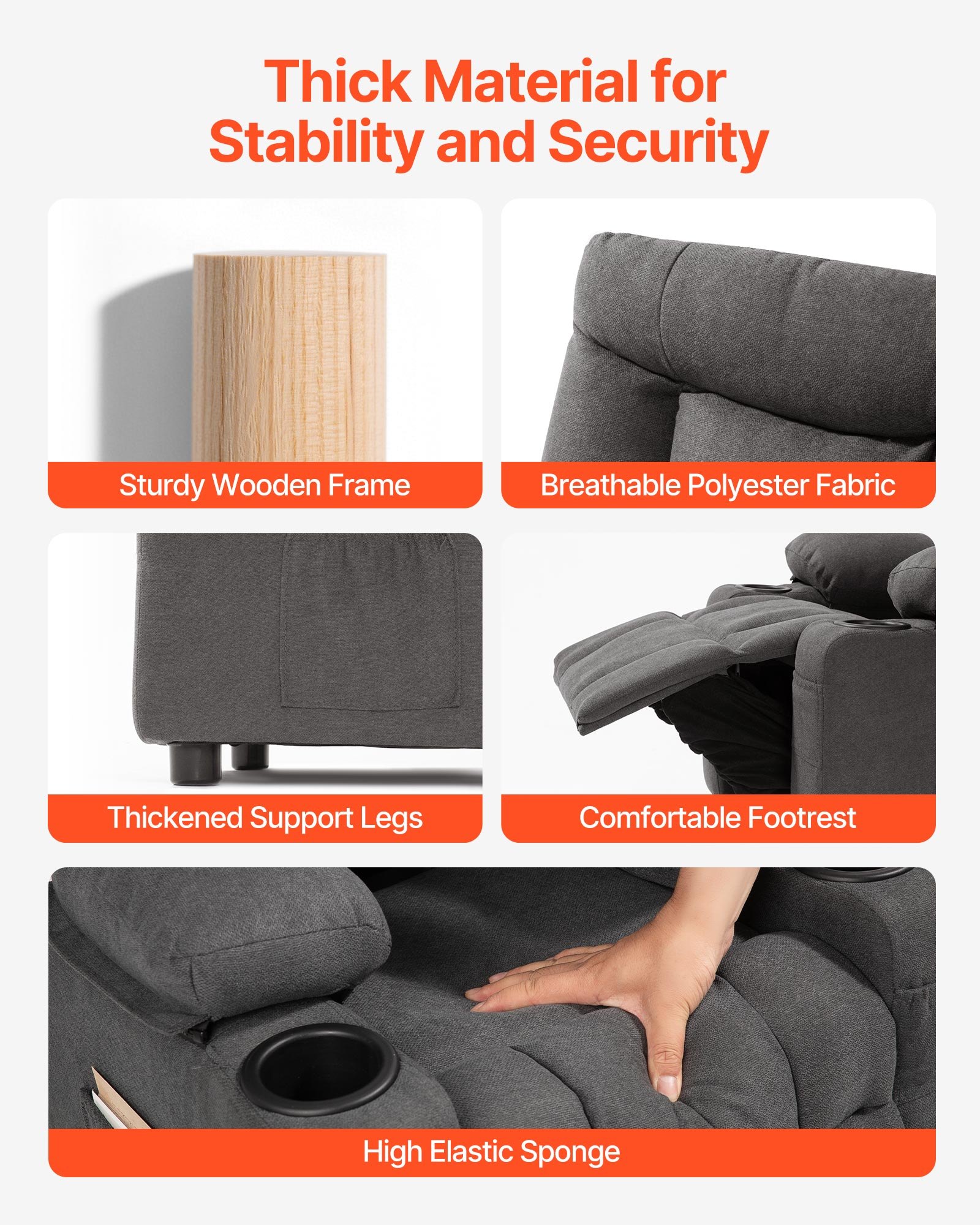 VEVOR Sillón Relax Reclinable para Niños, Sofá Infantil, Reposapiés y Respaldo Ajustable de 107° a 126°, 2 Portavasos y 4 Bolsillos para Almacenamiento, Butaca para Salón Lectura Siesta, Color Gris