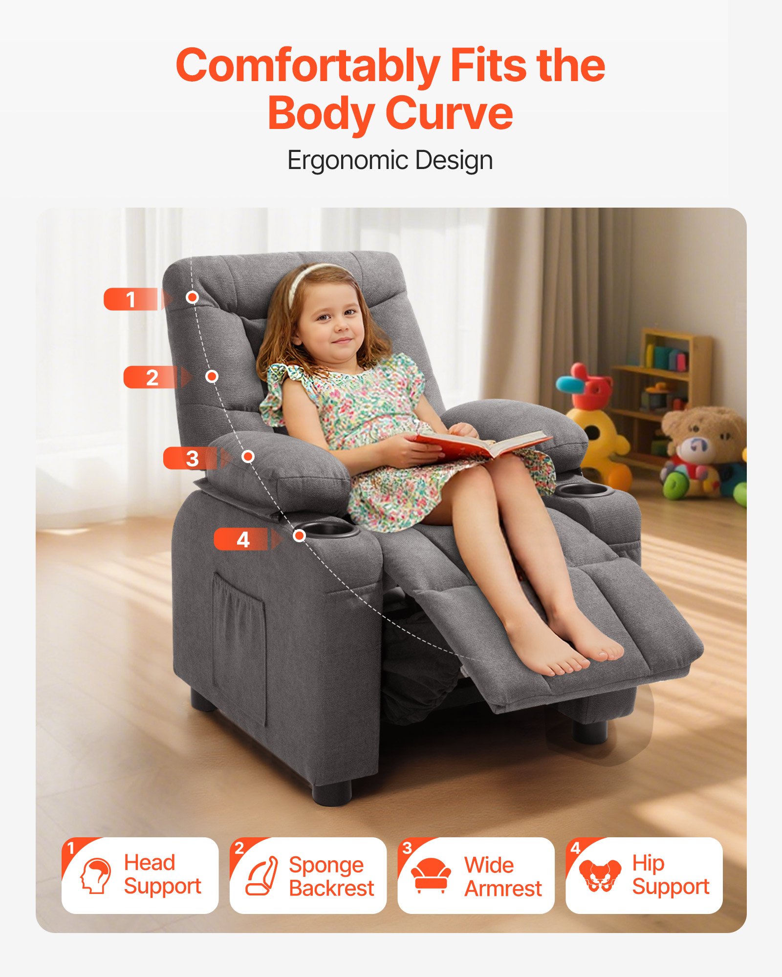 VEVOR Sillón Relax Reclinable para Niños, Sofá Infantil, Reposapiés y Respaldo Ajustable de 107° a 126°, 2 Portavasos y 4 Bolsillos para Almacenamiento, Butaca para Salón Lectura Siesta, Color Gris