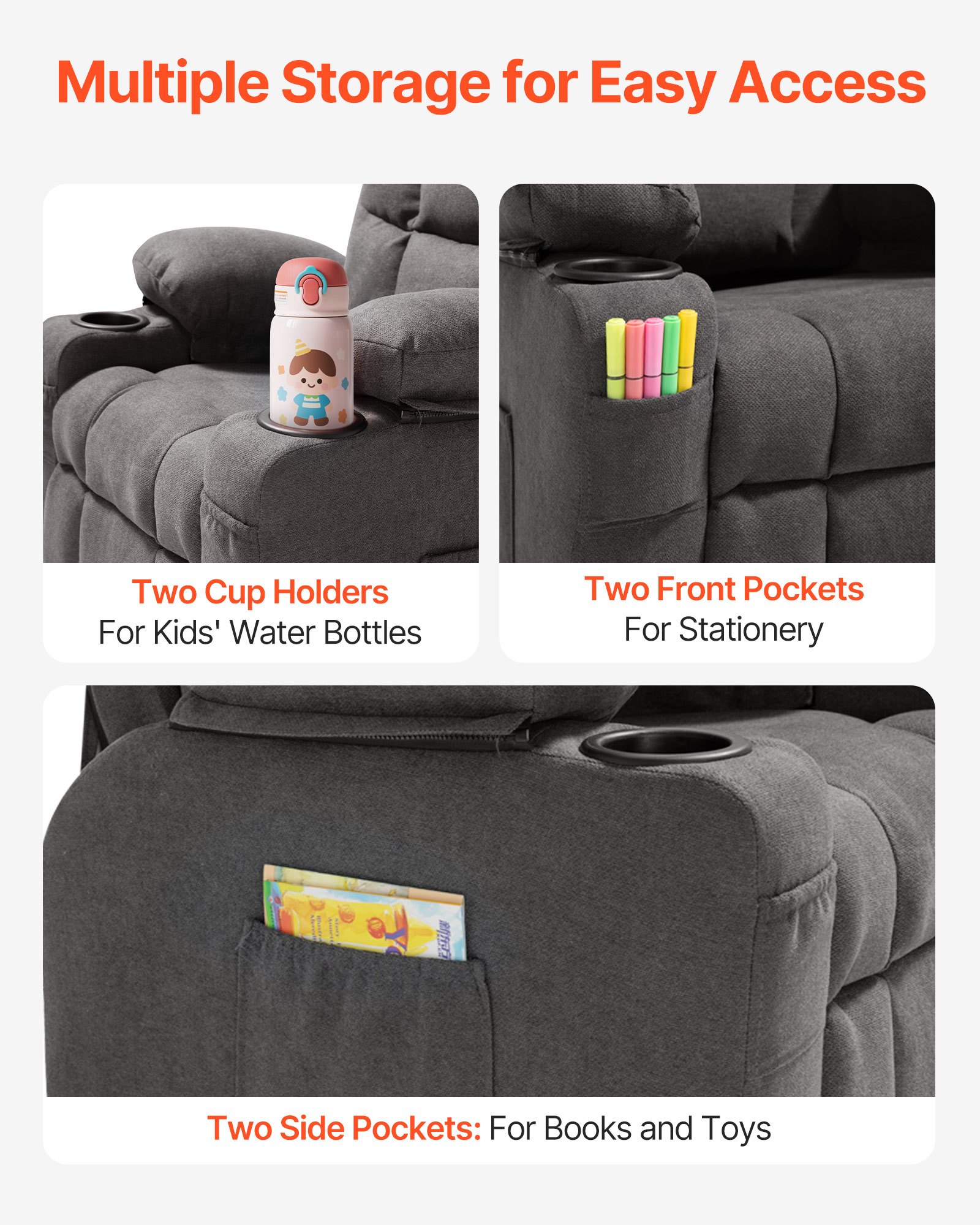VEVOR Sillón Relax Reclinable para Niños, Sofá Infantil, Reposapiés y Respaldo Ajustable de 107° a 126°, 2 Portavasos y 4 Bolsillos para Almacenamiento, Butaca para Salón Lectura Siesta, Color Gris
