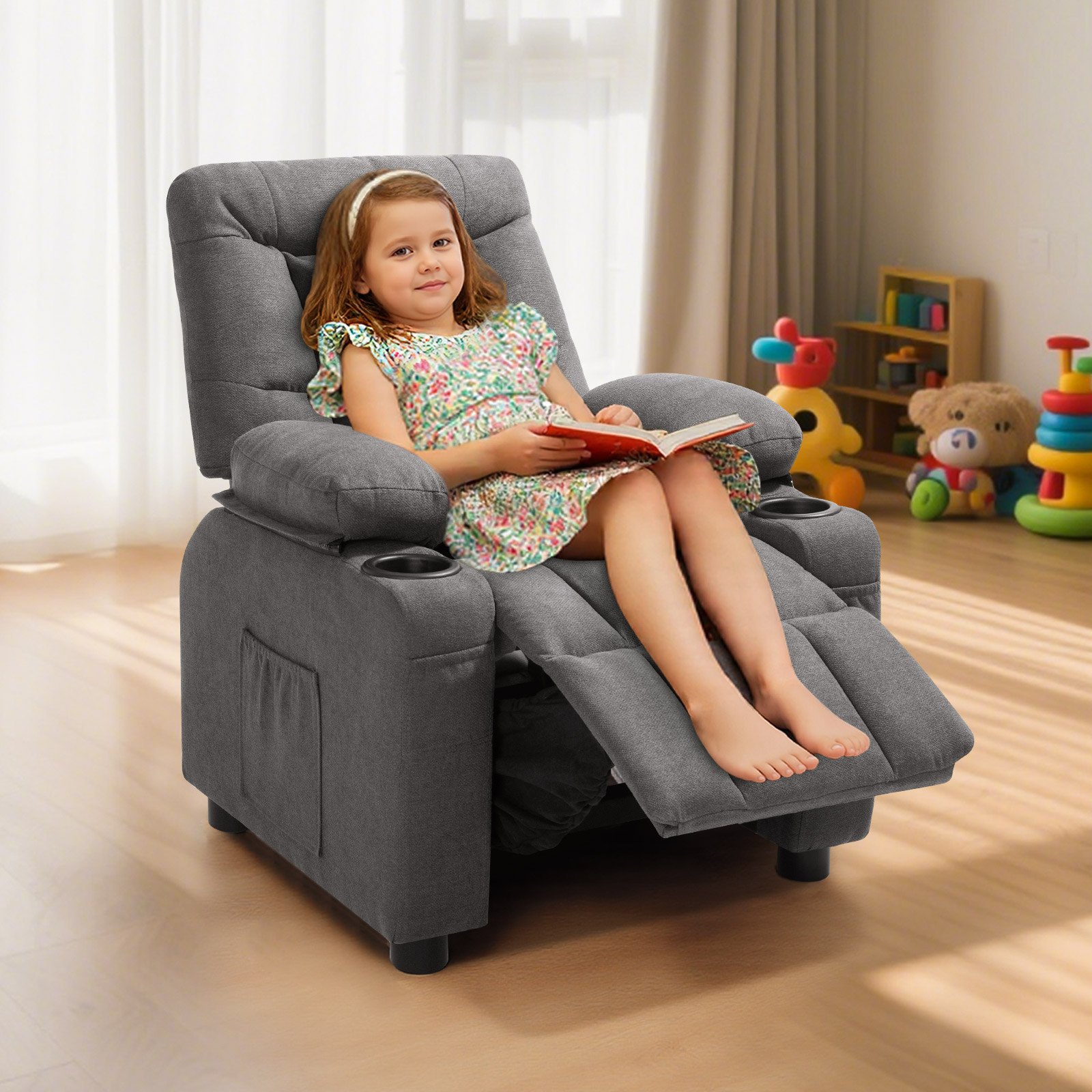 VEVOR Sillón Relax Reclinable para Niños, Sofá Infantil, Reposapiés y Respaldo Ajustable de 107° a 126°, 2 Portavasos y 4 Bolsillos para Almacenamiento, Butaca para Salón Lectura Siesta, Color Gris