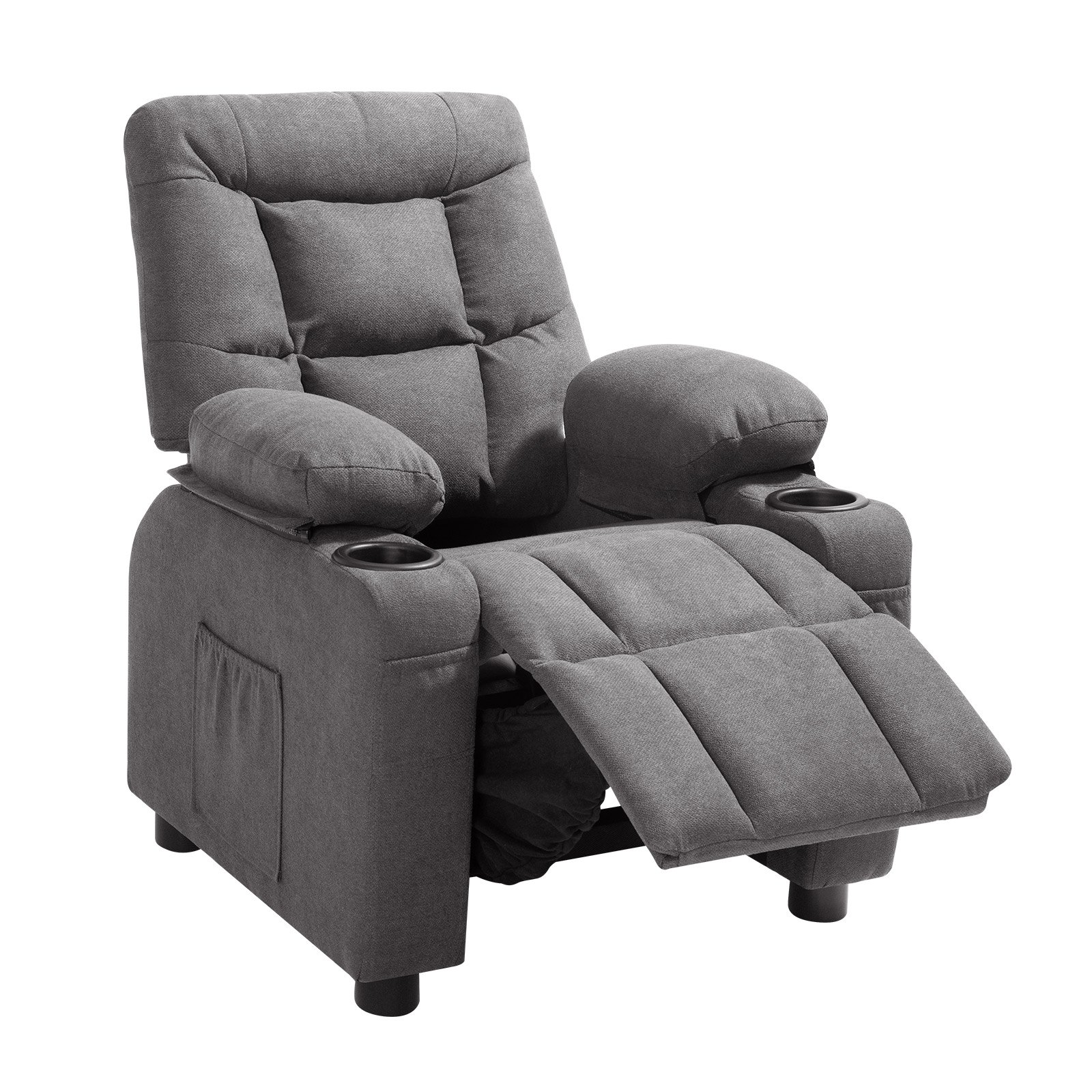 VEVOR Sillón Relax Reclinable para Niños, Sofá Infantil, Reposapiés y Respaldo Ajustable de 107° a 126°, 2 Portavasos y 4 Bolsillos para Almacenamiento, Butaca para Salón Lectura Siesta, Color Gris
