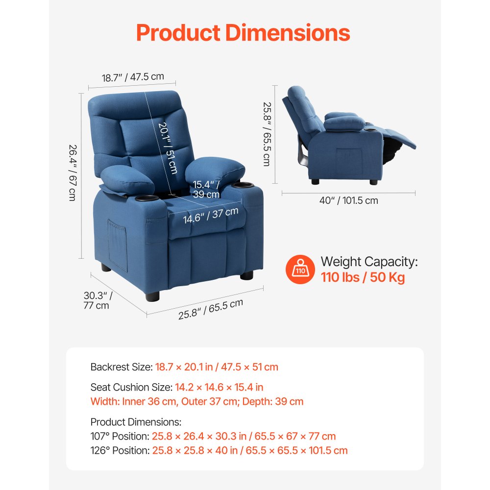 VEVOR Sillón Reclinable Infantil con Portavasos y Bolsillos Respaldo Ajustable de 107° a 126° Tejido de Poliéster Transpirable Marco de Madera para Sala de Estudio, Guardería, Sala de Juegos, Azul