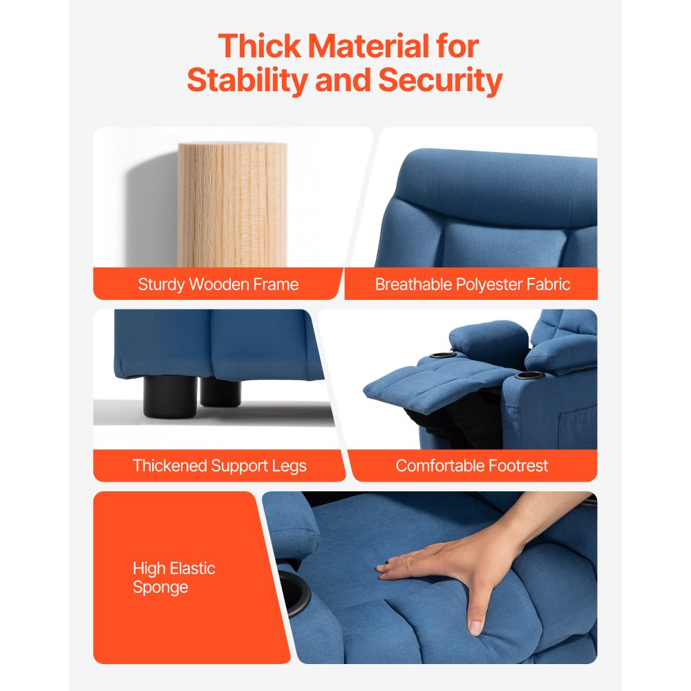 VEVOR Sillón Reclinable Infantil con Portavasos y Bolsillos Respaldo Ajustable de 107° a 126° Tejido de Poliéster Transpirable Marco de Madera para Sala de Estudio, Guardería, Sala de Juegos, Azul