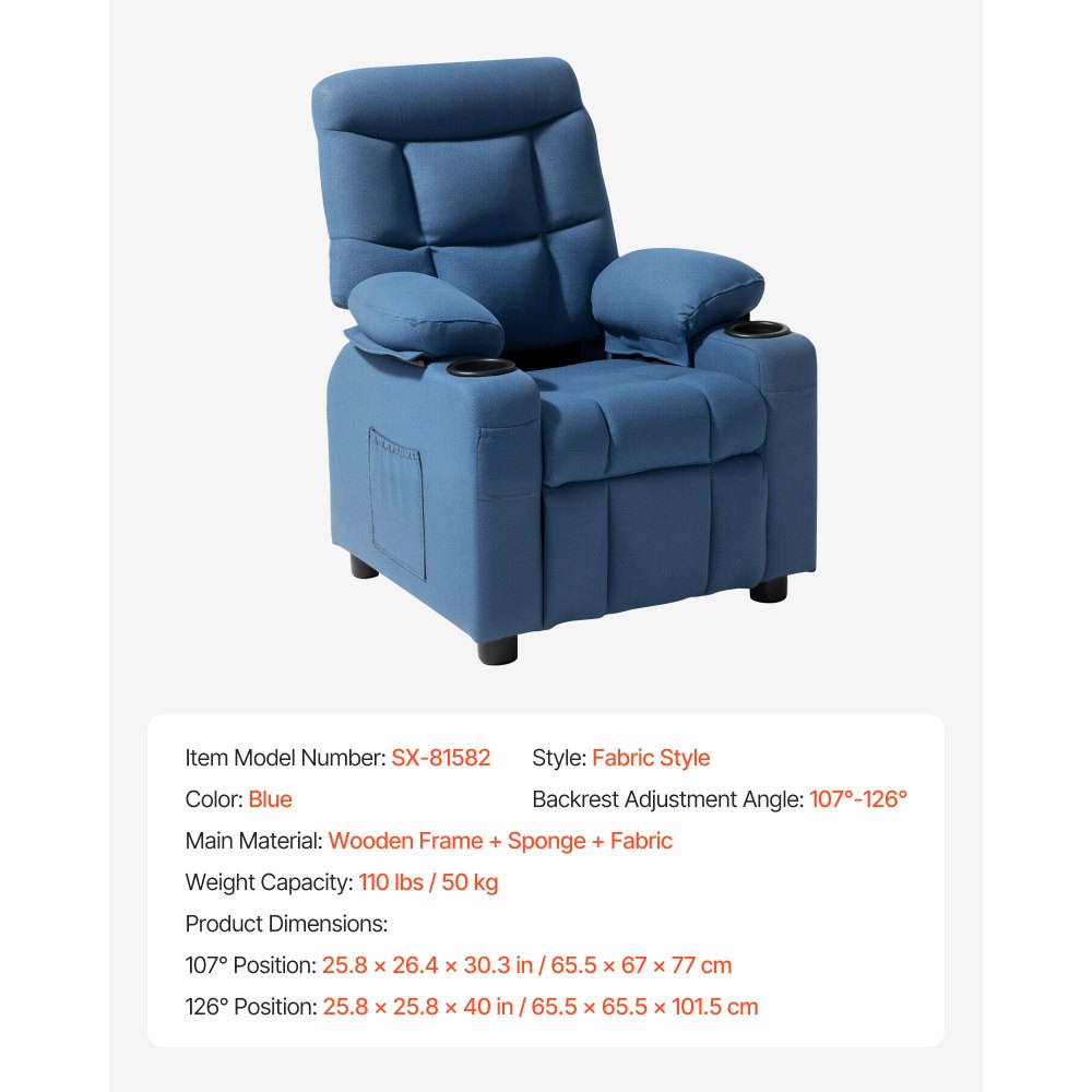 VEVOR Sillón Reclinable Infantil con Portavasos y Bolsillos Respaldo Ajustable de 107° a 126° Tejido de Poliéster Transpirable Marco de Madera para Sala de Estudio, Guardería, Sala de Juegos, Azul