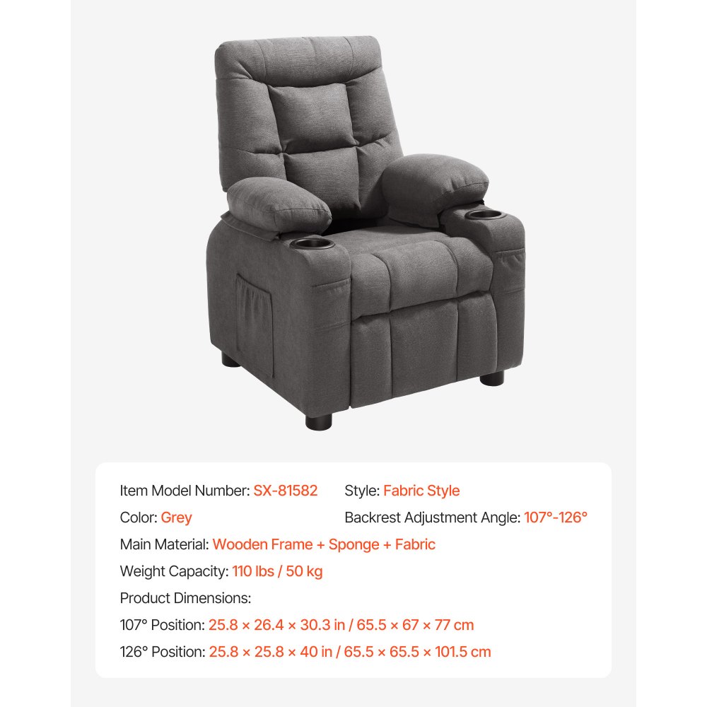 VEVOR Sillón Reclinable Infantil con Portavasos y Bolsillos Respaldo Ajustable de 107° a 126° Tejido de Poliéster Transpirable Marco de Madera para Sala de Estudio, Guardería, Sala de Juegos, Gris