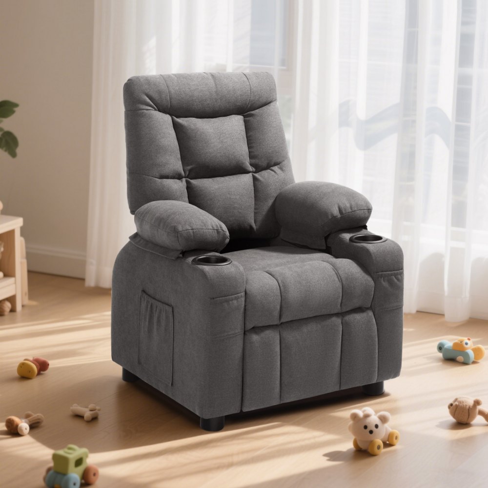 VEVOR Sillón Reclinable Infantil con Portavasos y Bolsillos Respaldo Ajustable de 107° a 126° Tejido de Poliéster Transpirable Marco de Madera para Sala de Estudio, Guardería, Sala de Juegos, Gris