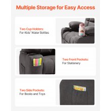 VEVOR Sillón Reclinable Infantil con Portavasos y Bolsillos Respaldo Ajustable de 107° a 126° Tejido de Poliéster Transpirable Marco de Madera para Sala de Estudio, Guardería, Sala de Juegos, Gris