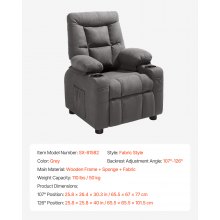 VEVOR Sillón Reclinable Infantil con Portavasos y Bolsillos Respaldo Ajustable de 107° a 126° Tejido de Poliéster Transpirable Marco de Madera para Sala de Estudio, Guardería, Sala de Juegos, Gris