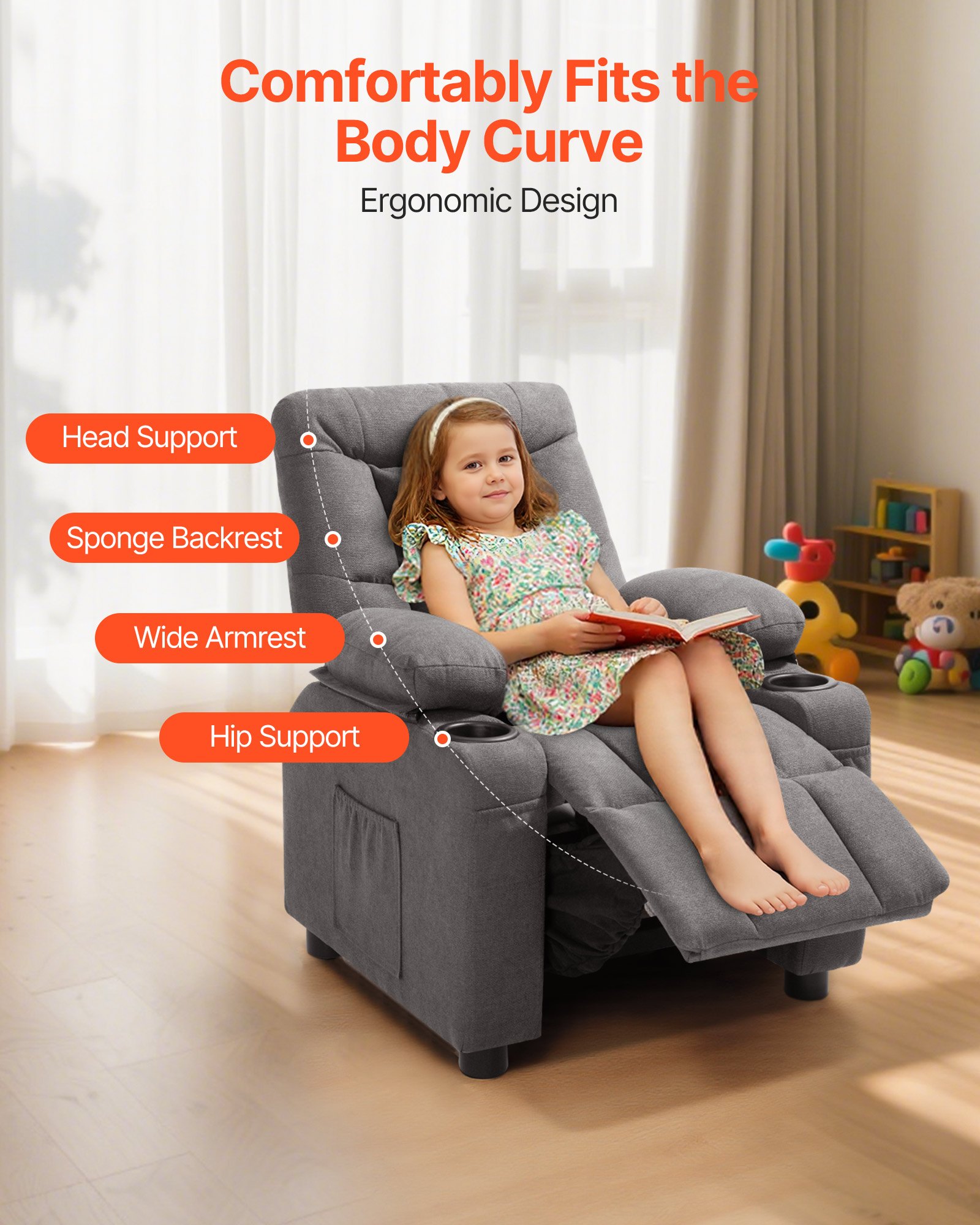 VEVOR Sillón Reclinable Infantil con Portavasos y Bolsillos Respaldo Ajustable de 107° a 126° Tejido de Poliéster Transpirable Marco de Madera para Sala de Estudio, Guardería, Sala de Juegos, Gris