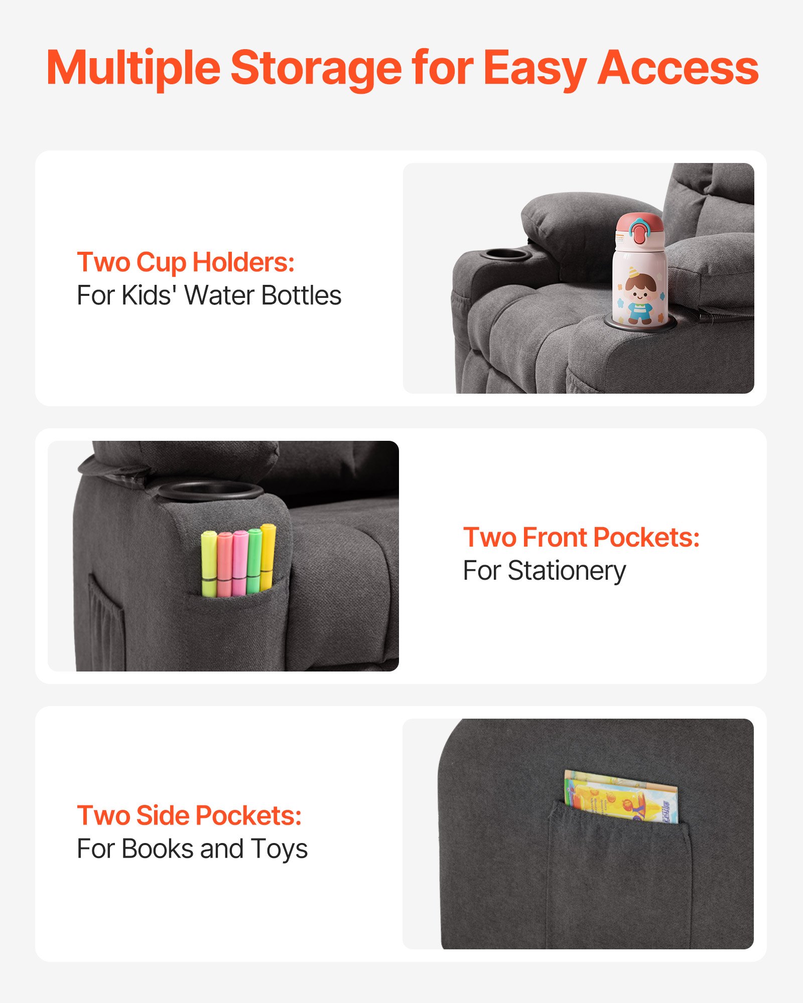 VEVOR Sillón Reclinable Infantil con Portavasos y Bolsillos Respaldo Ajustable de 107° a 126° Tejido de Poliéster Transpirable Marco de Madera para Sala de Estudio, Guardería, Sala de Juegos, Gris