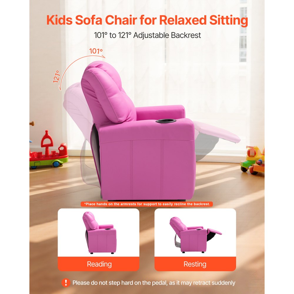VEVOR Kids Reclining Chair, Toddler Recliner with Cup Holder, 101° to 121° Adjustable Backrest, Easy-to-Clean PU Leather Recliner Couch with Footrest, 41 kg Load, for Boys & Girls, Children (Pink)