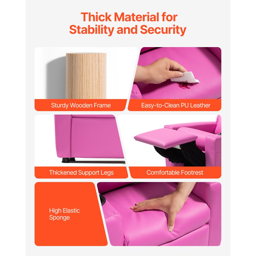 VEVOR Kids Reclining Chair, Toddler Recliner with Cup Holder, 101° to 121° Adjustable Backrest, Easy-to-Clean PU Leather Recliner Couch with Footrest, 41 kg Load, for Boys & Girls, Children (Pink)