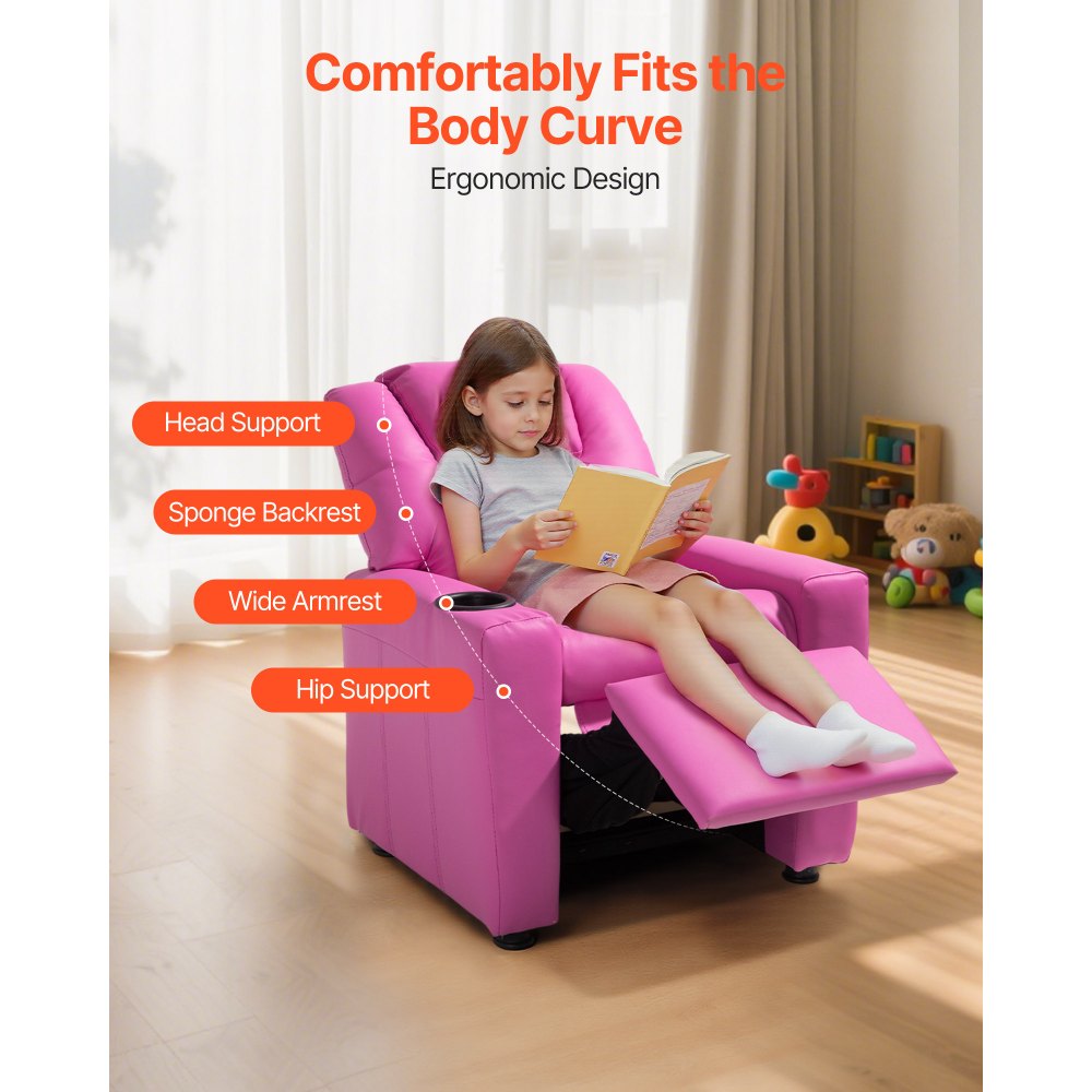 VEVOR Kids Reclining Chair, Toddler Recliner with Cup Holder, 101° to 121° Adjustable Backrest, Easy-to-Clean PU Leather Recliner Couch with Footrest, 41 kg Load, for Boys & Girls, Children (Pink)